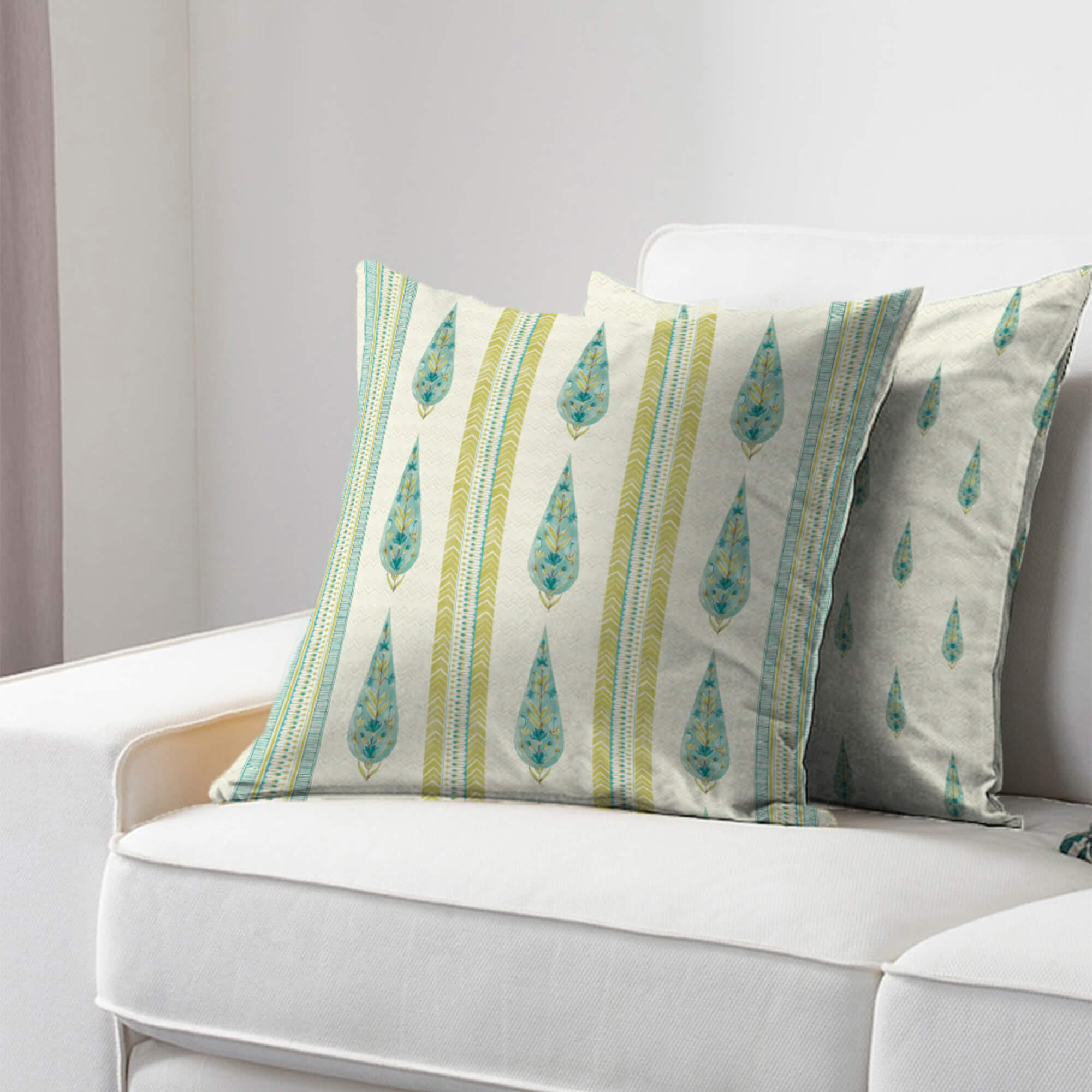 Indian Botanical Reversible Stripe Digital Printed Cushion Cover 40x40 Cm in Aqua Colour