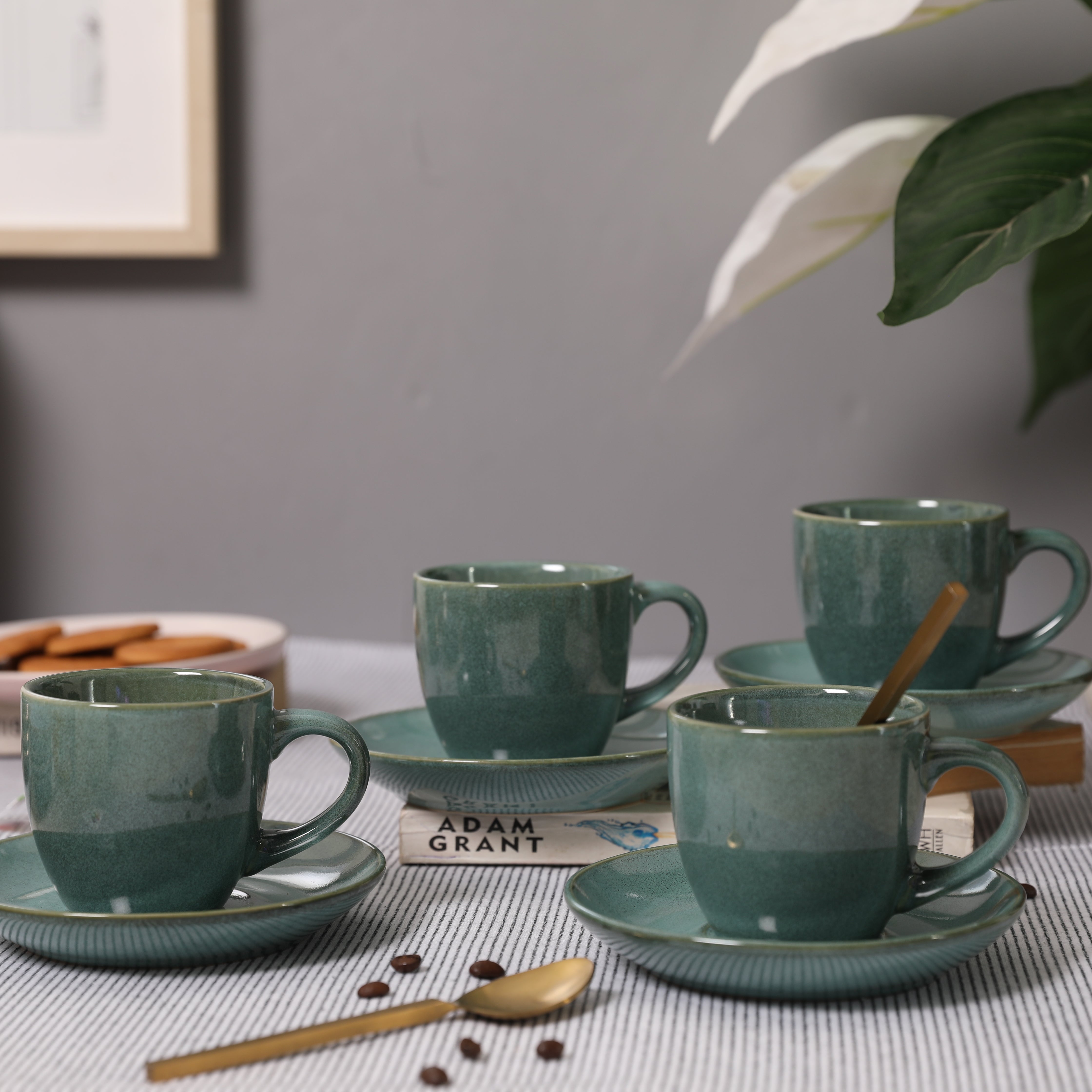 Living Essence Earl Cup & Saucer Set of 4 Pcs in Sea Green Colour