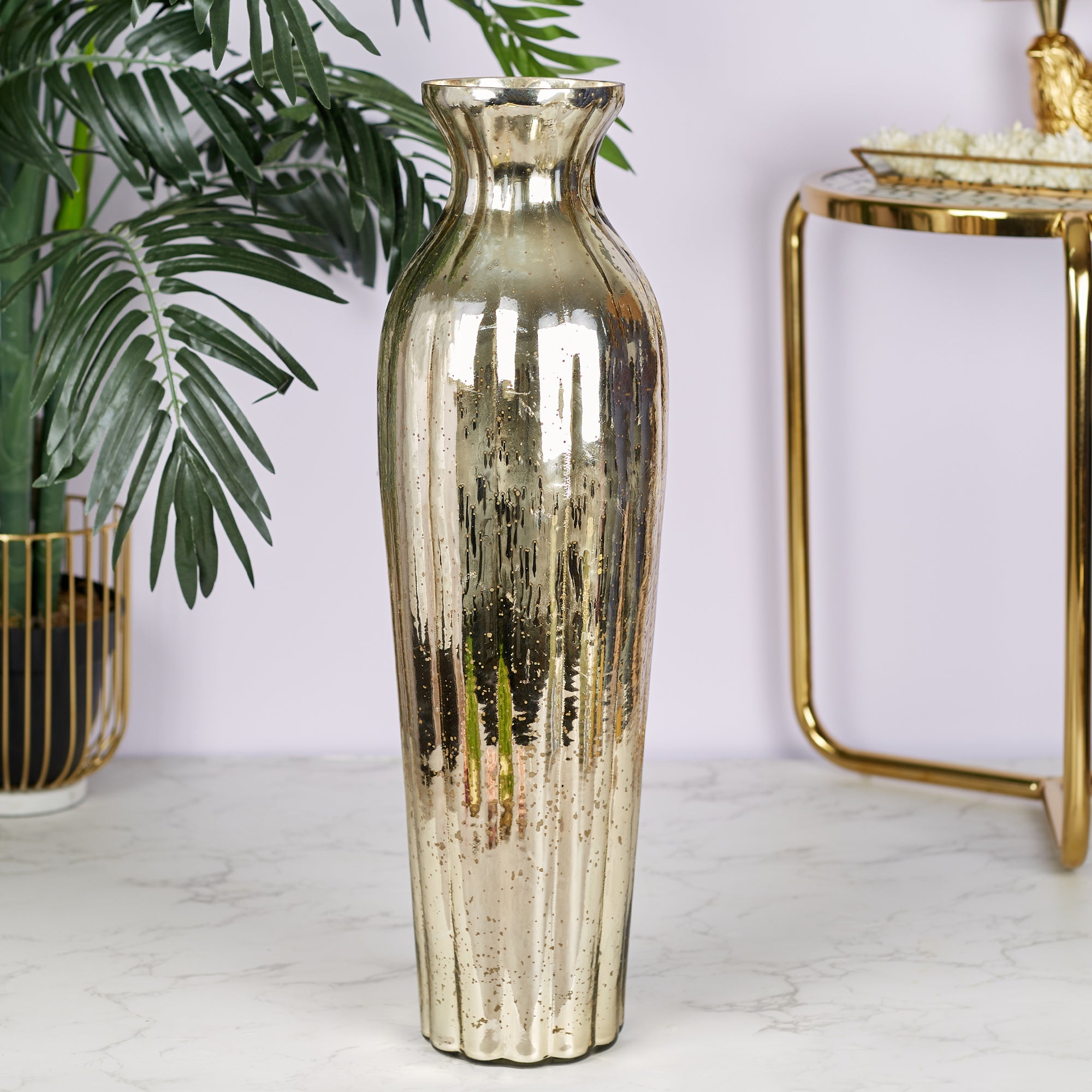 Phiona Glass Tall Fluted Handcrafted Mercury Vase 54 Cm in Gold Colour