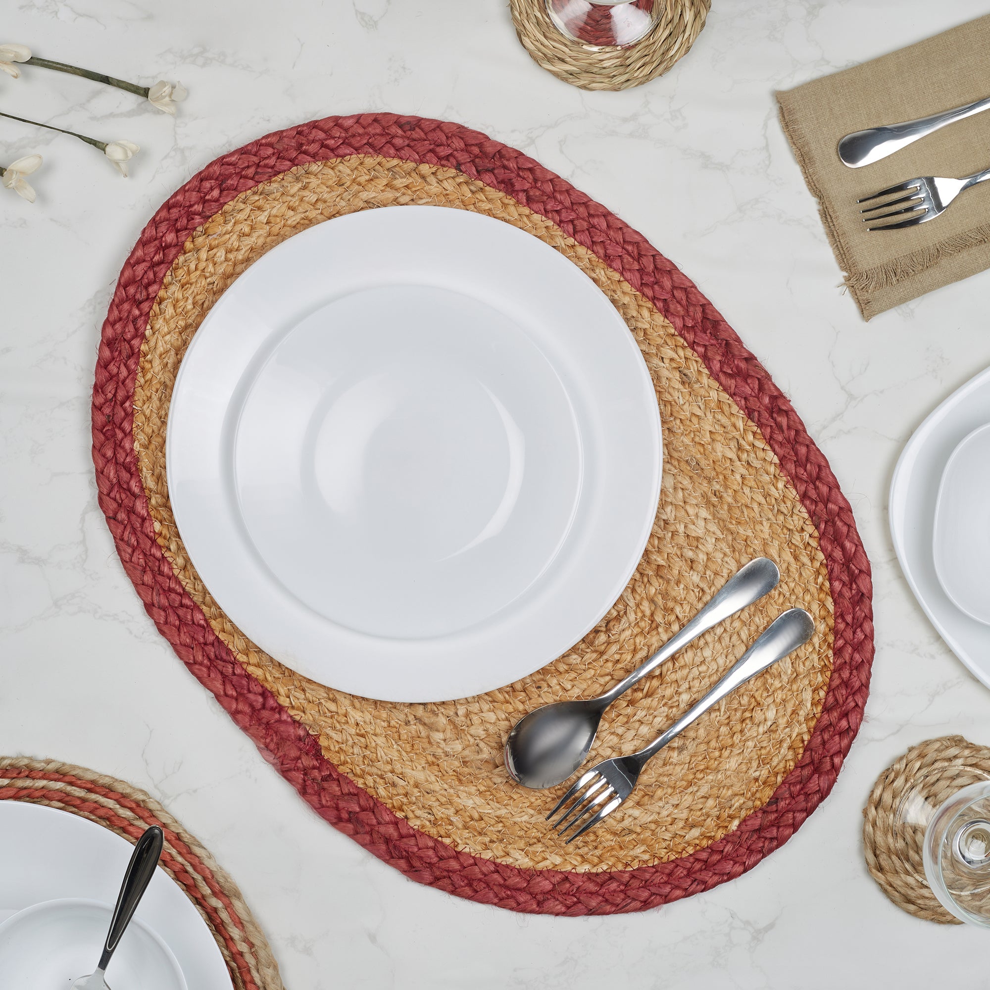 Boho  Handmade Jute Placemat 38x38 Cm in Natural & Rust Colour