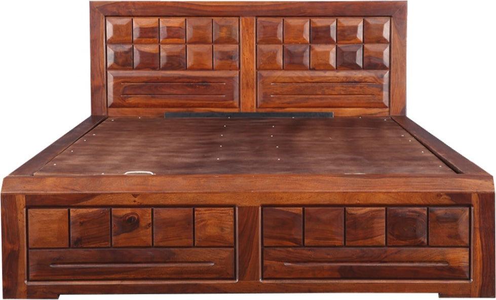 Woodrow Sheesham Wood(Rosewood) Queen bed with Hydraulic storage in Honey Colour