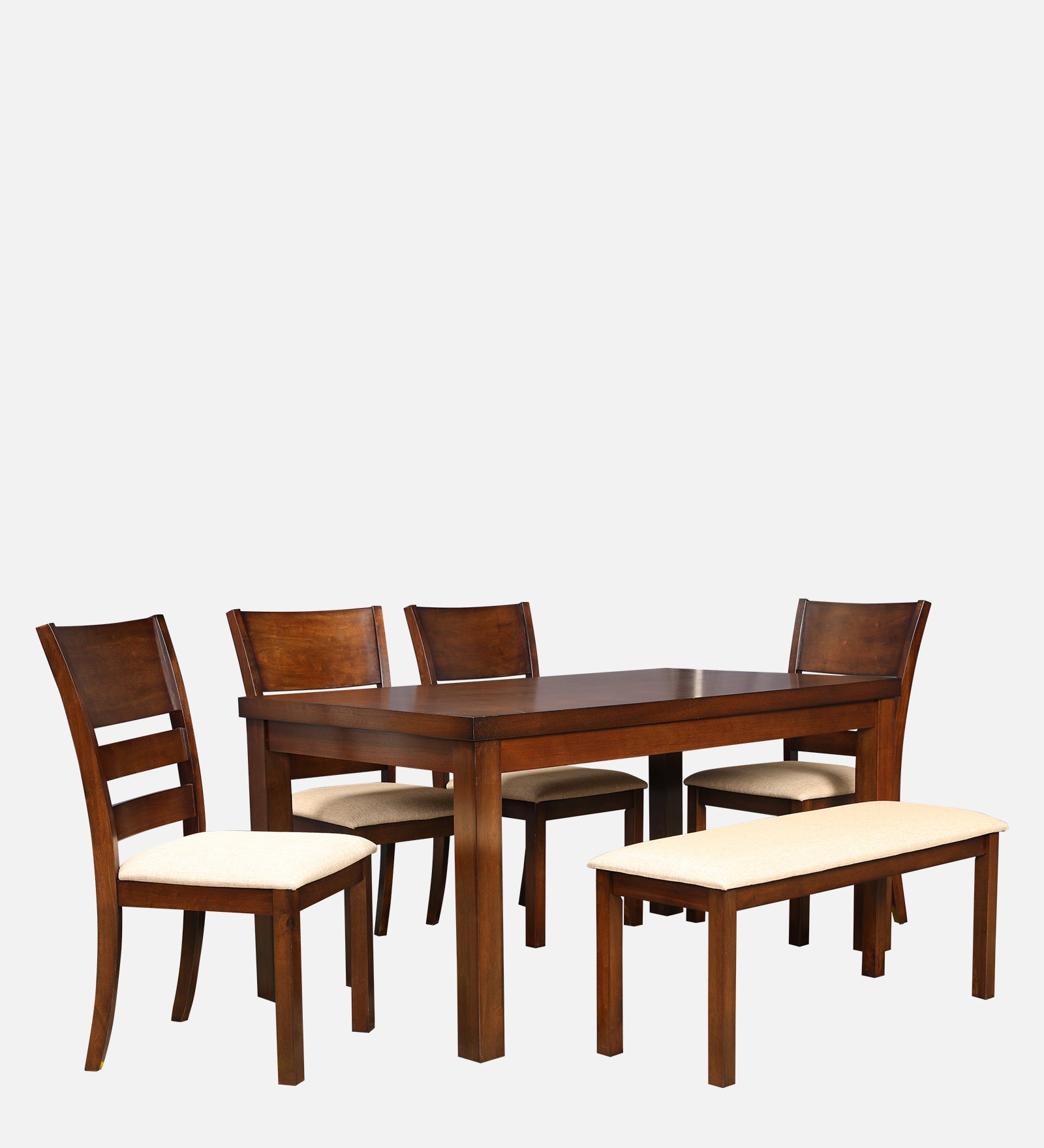 Shore Rubber Wood Six Seater Dining Set With Bench in Rio Brown Colour