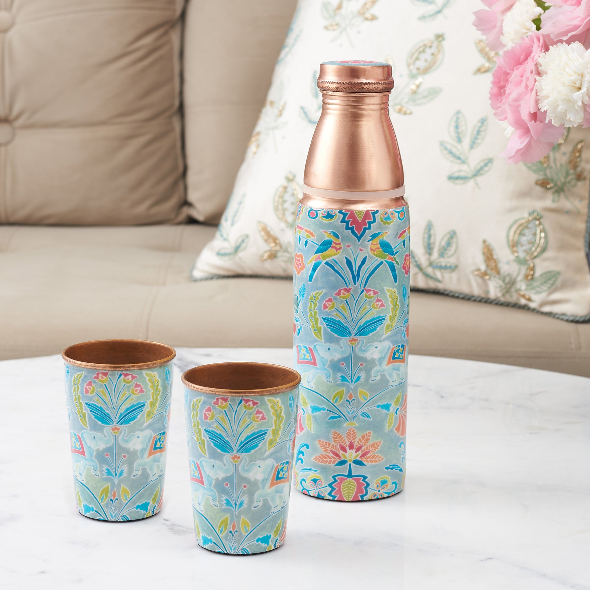 Anar Printed 1 Litre&Igrave;&acirc;&aring;&Ecirc;Copper Bottle and 2 Tumblers 300 ML