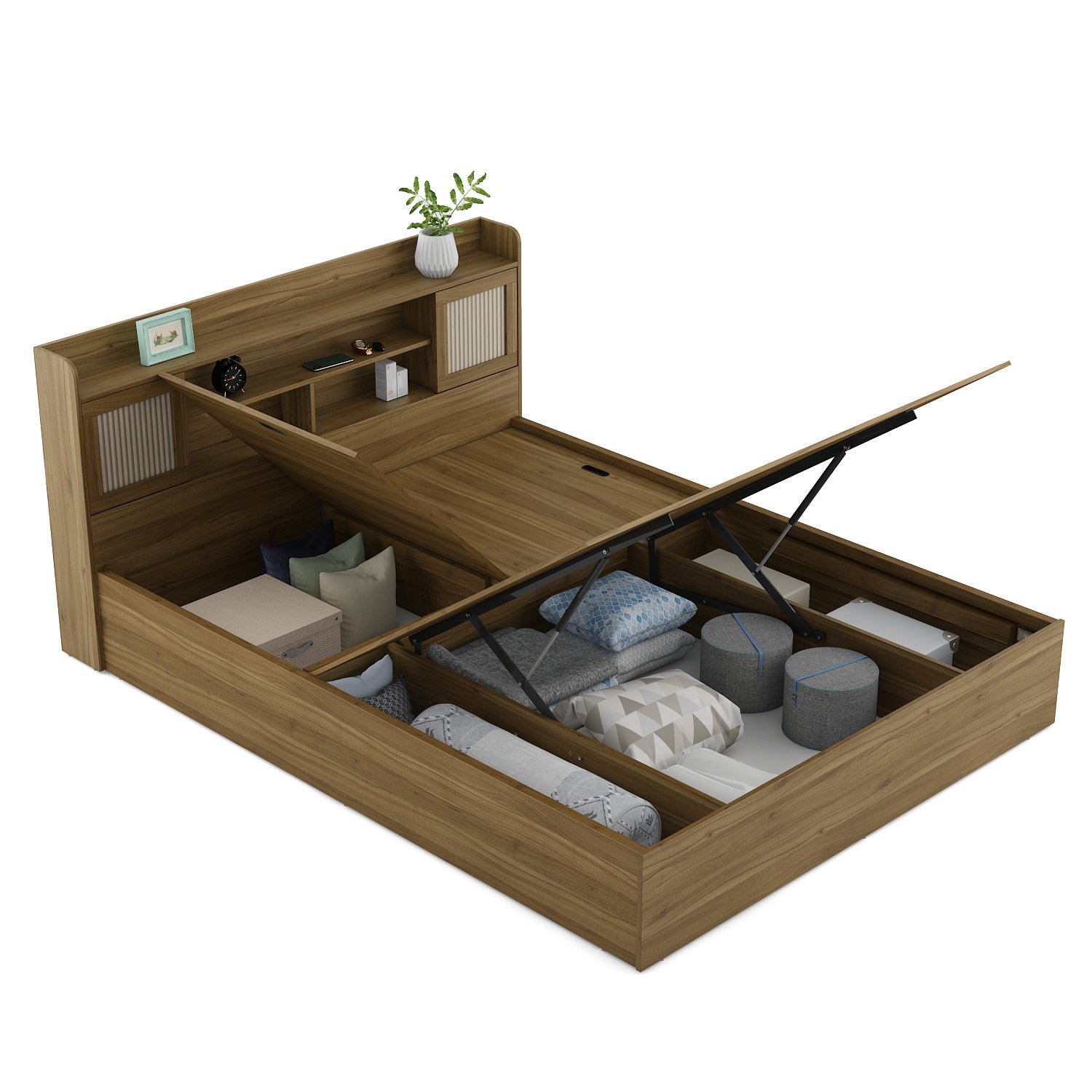 Diago King Bed With Hydraulic Storage In Natural Teak Color