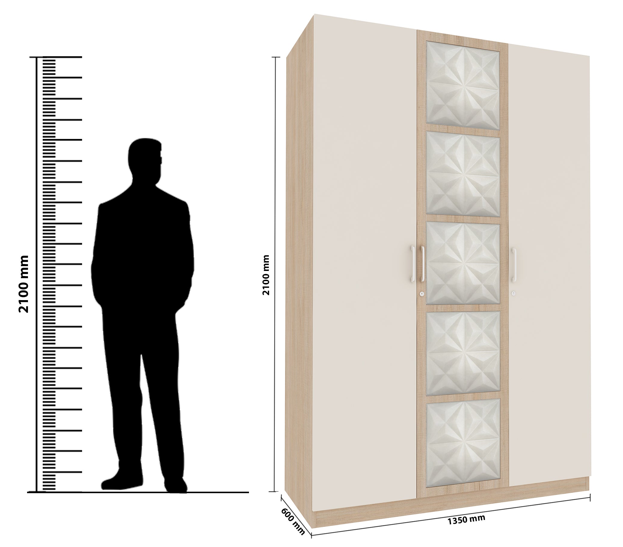 Jordan Three Door Wardrobe in Sonam Oak & White Colour