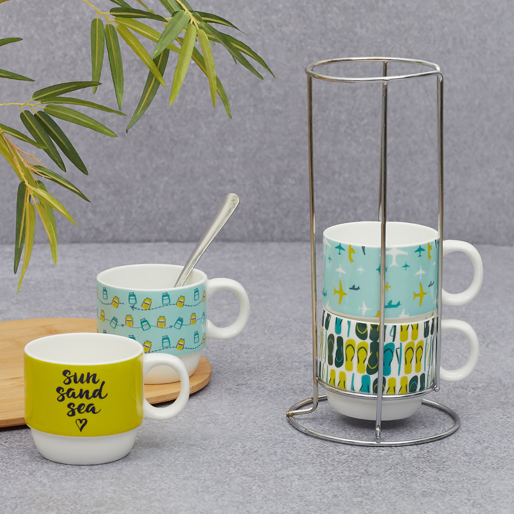 Bahamas Bone China Vacay Stackable 220 Ml Tea Mug Set of 4 with Stand in Multi Colour