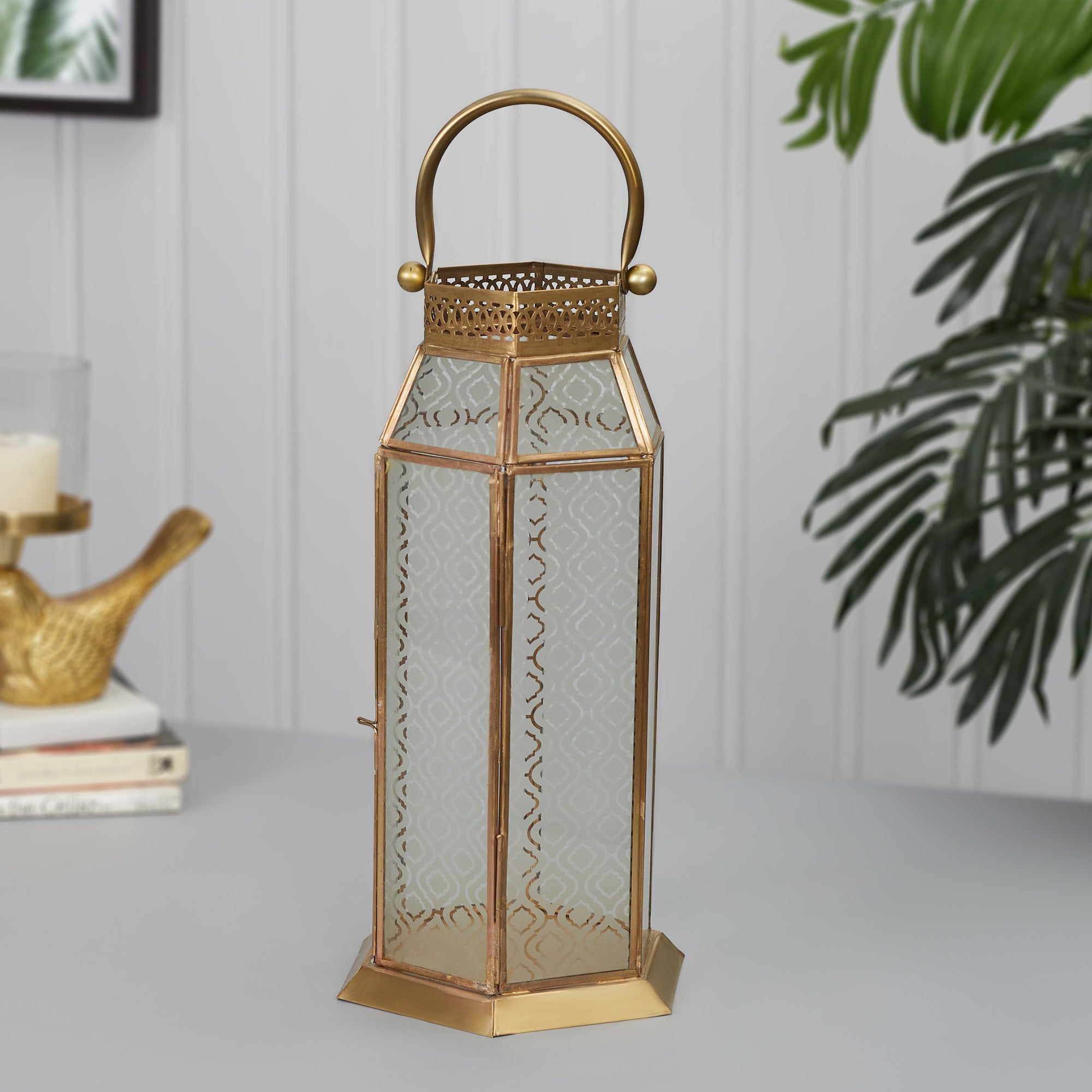 Apollo Iron and Glass Hexagon Lantern 19x37 Cm in Emerald & Gold Colour