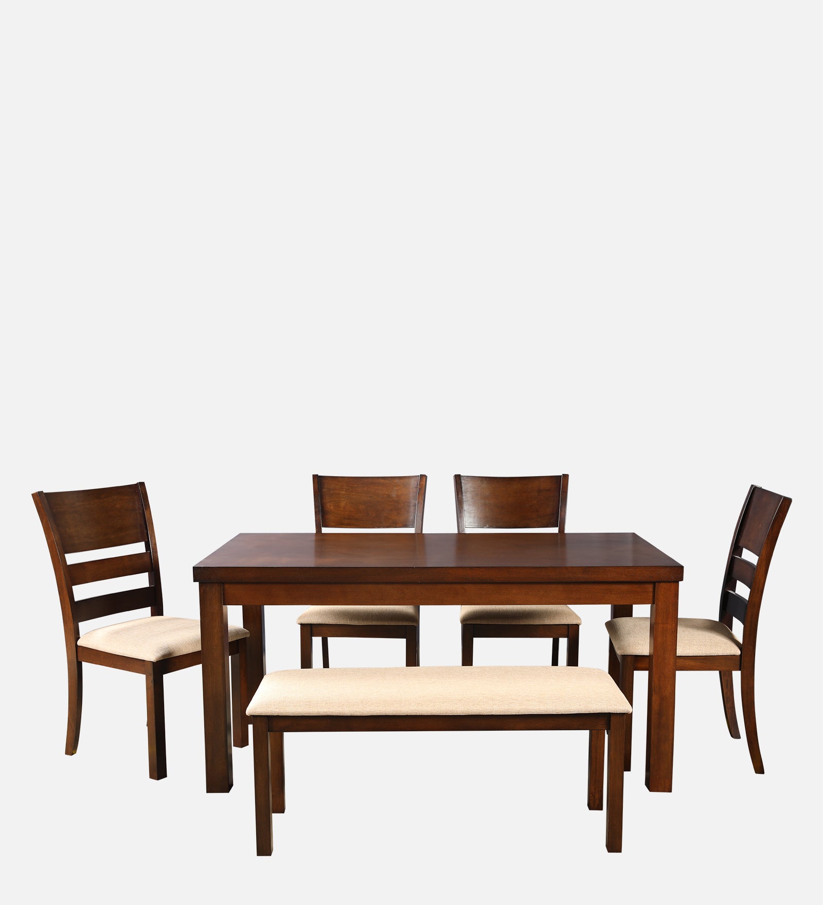 Shore Rubber Wood Six Seater Dining Set With Bench in Rio Brown Colour