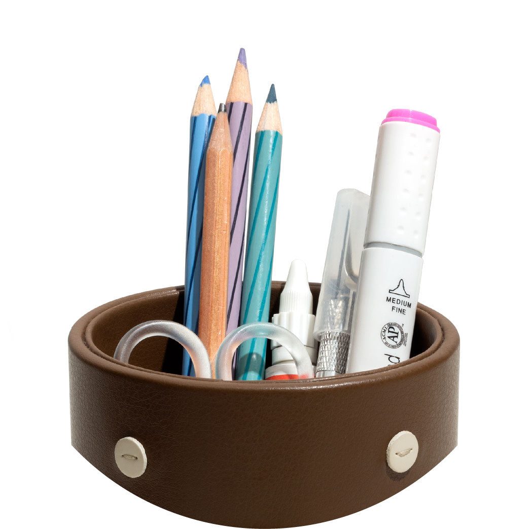 Bearcub MDF + Leatherite Pen Stand in Brown & Yellow Colour