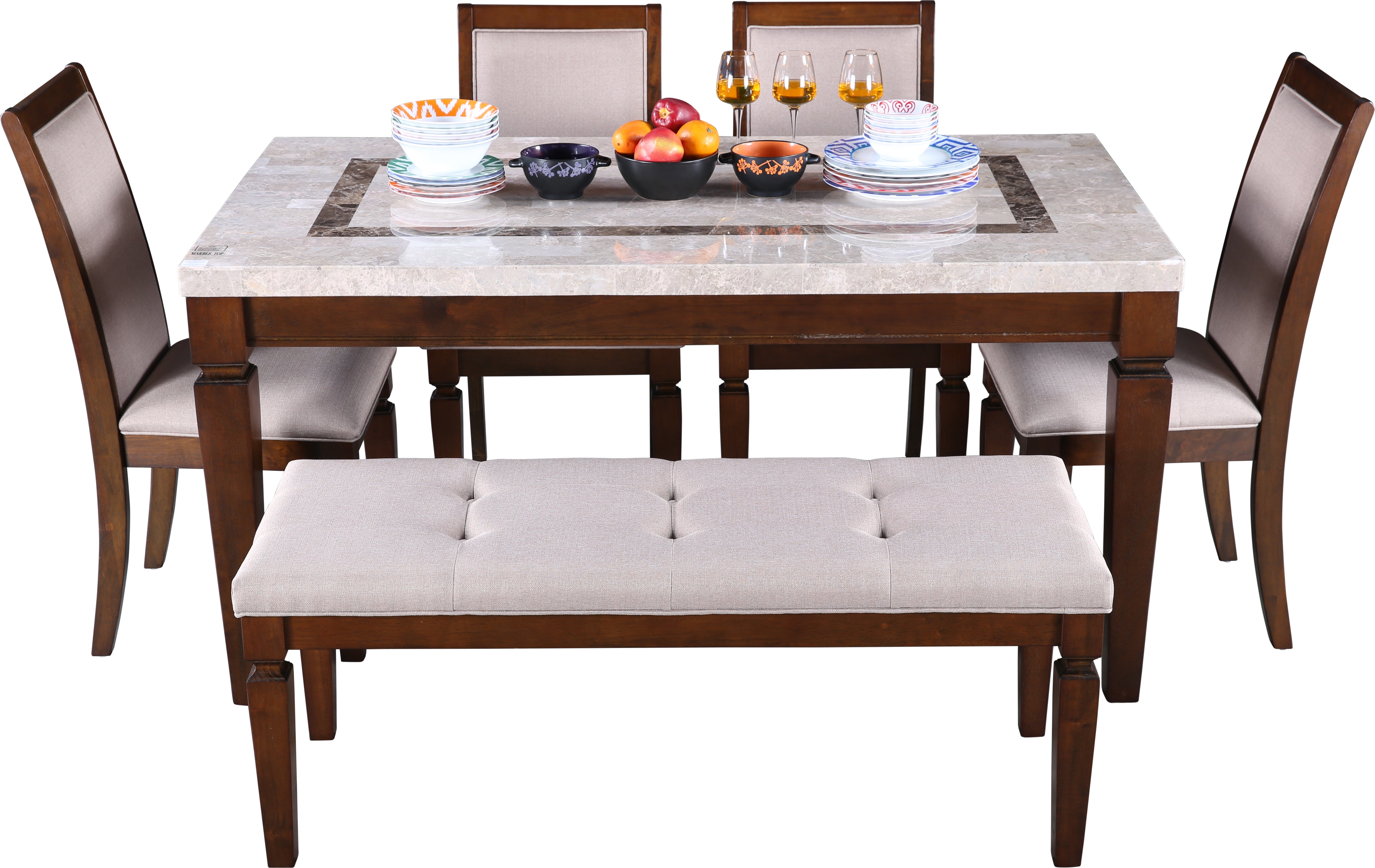 Bliss Marble Top 6 Seater Set with Bench with Inlay in Beige Colour