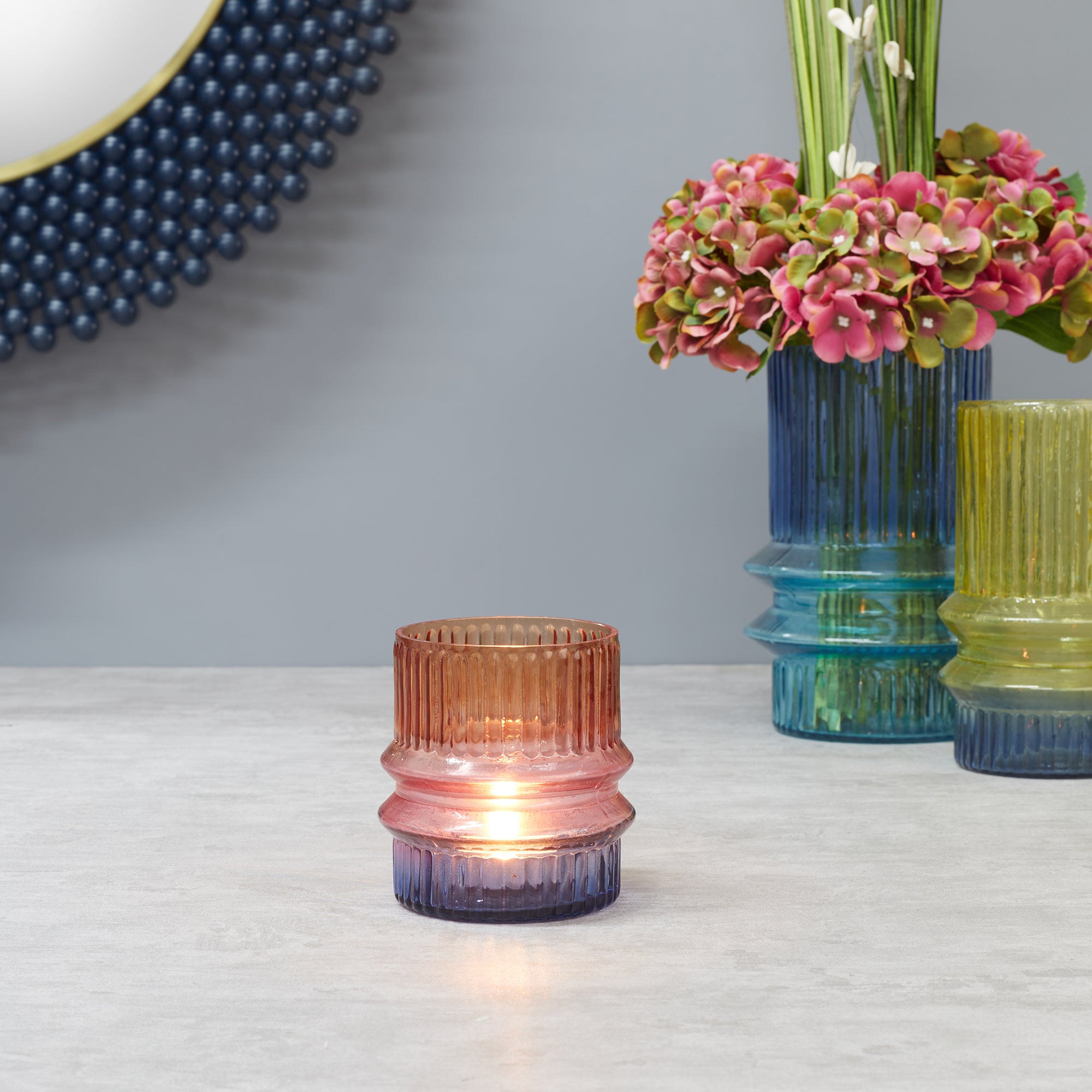 Phiona Glass Fluted Handcrafted Votive 10 Cm in Multi Colour