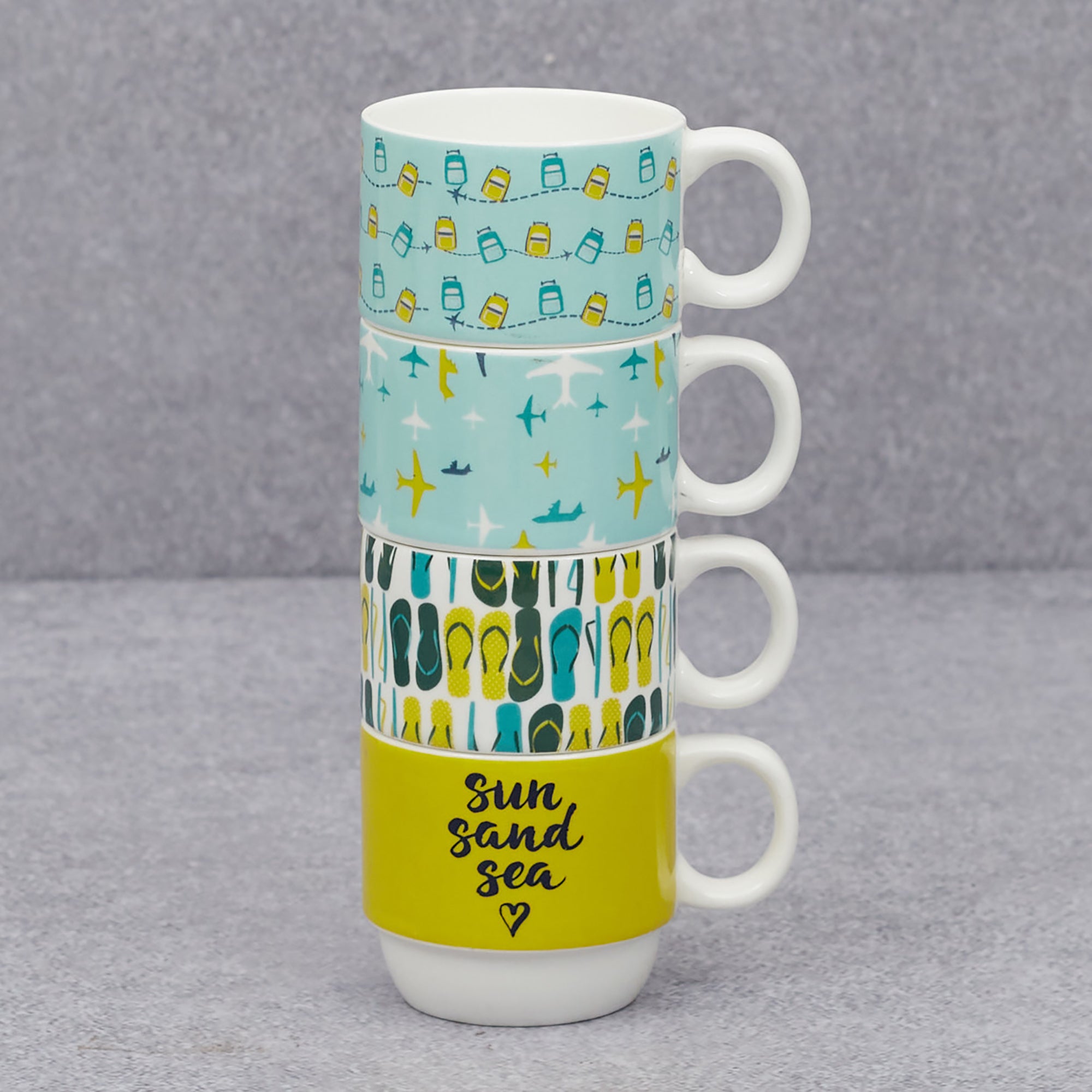 Bahamas Bone China Vacay Stackable 220 Ml Tea Mug Set of 4 with Stand in Multi Colour