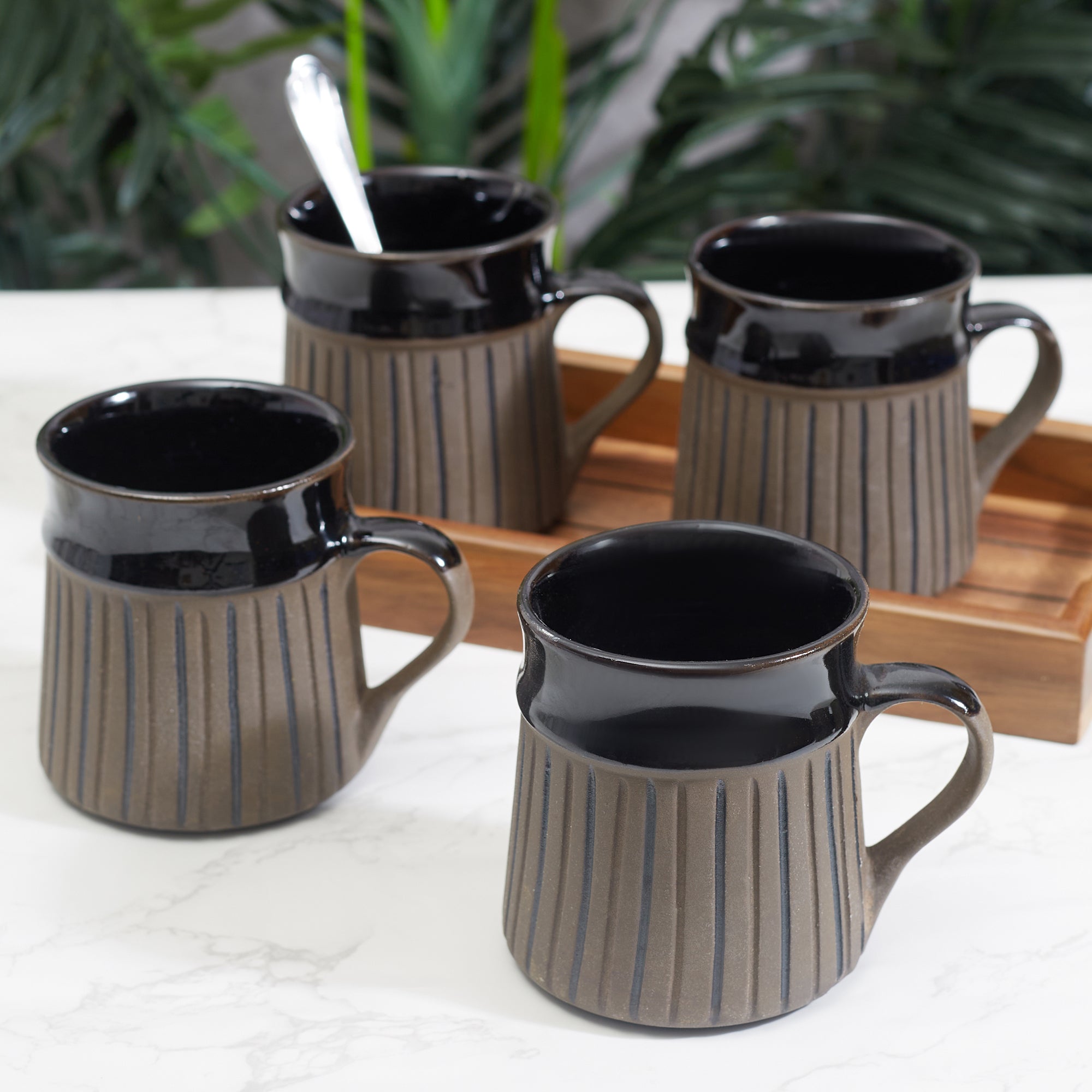 Fiesta Studio Pottery Ligne Coffee Mug 300 ML Set of 4 in Brown Colour