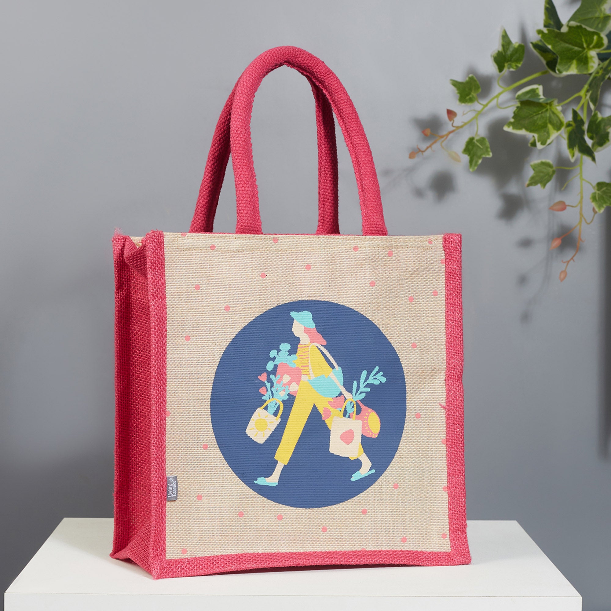 Good Life Jute Reversible Bag Garden Printed Lunch Bag 25.5 x 25.5 Cm in Multi Colour