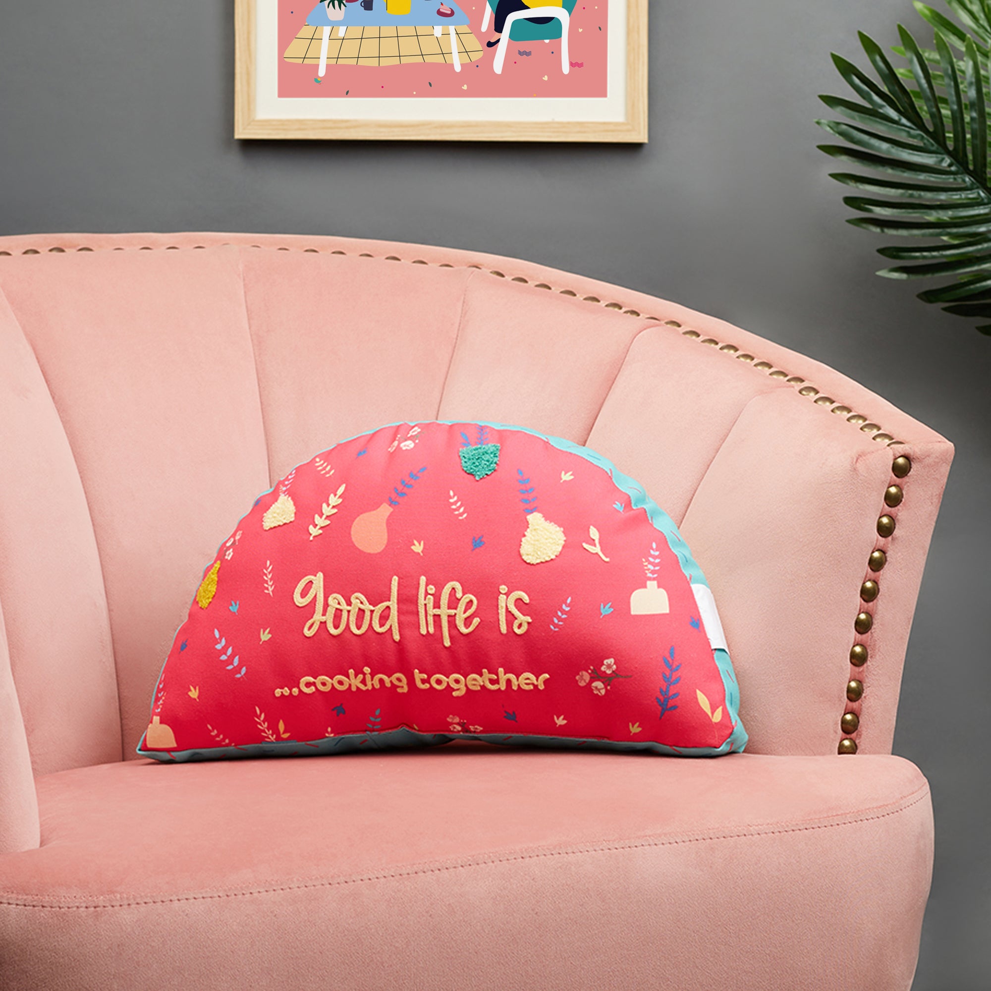 Good Life  Reversible Cooking Together Digital Printed Shaped Cushion 27x47 Cm in Fuchsia Colour