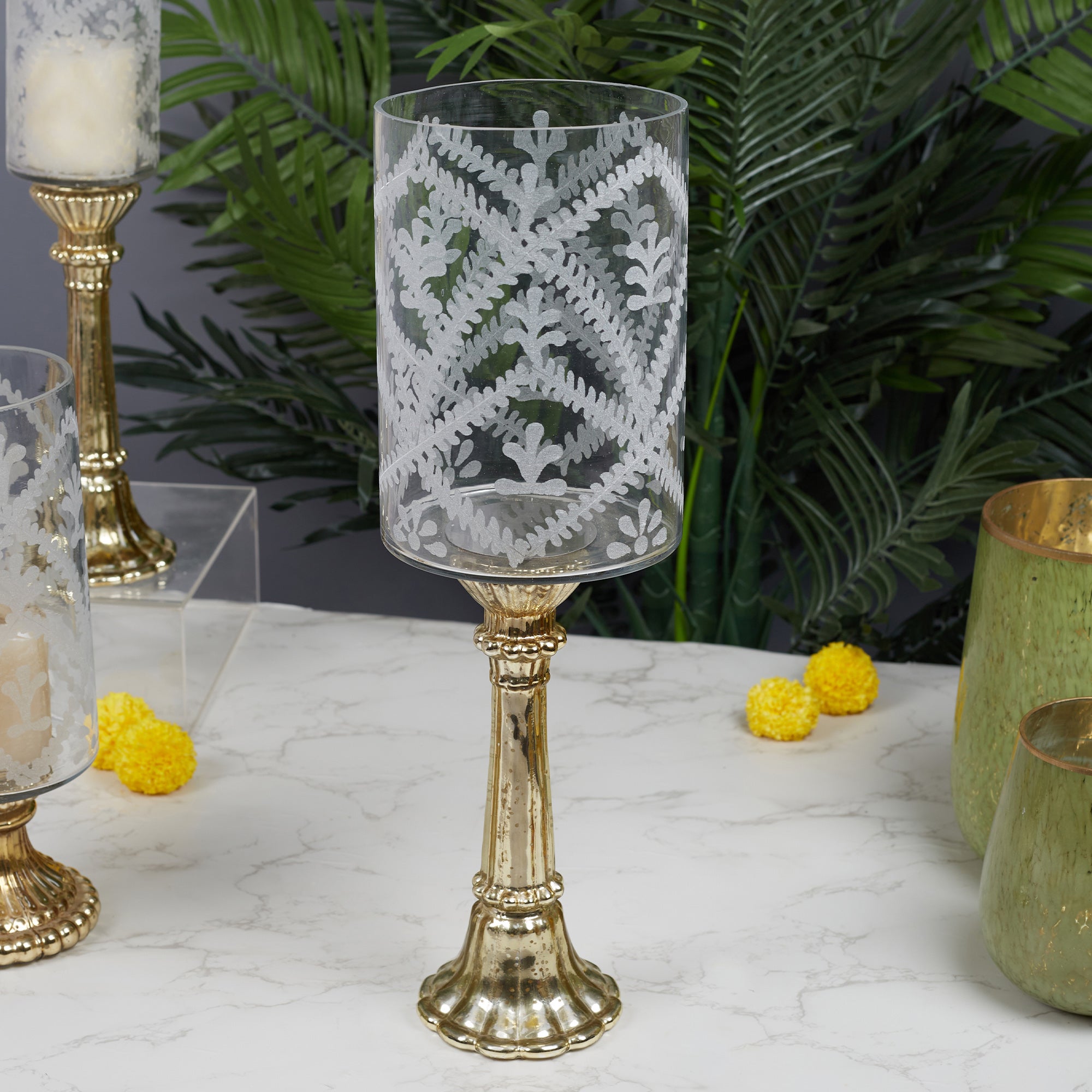 Phiona Glass Etched Handcrafted Hurricane 49 Cm in Gold Colour