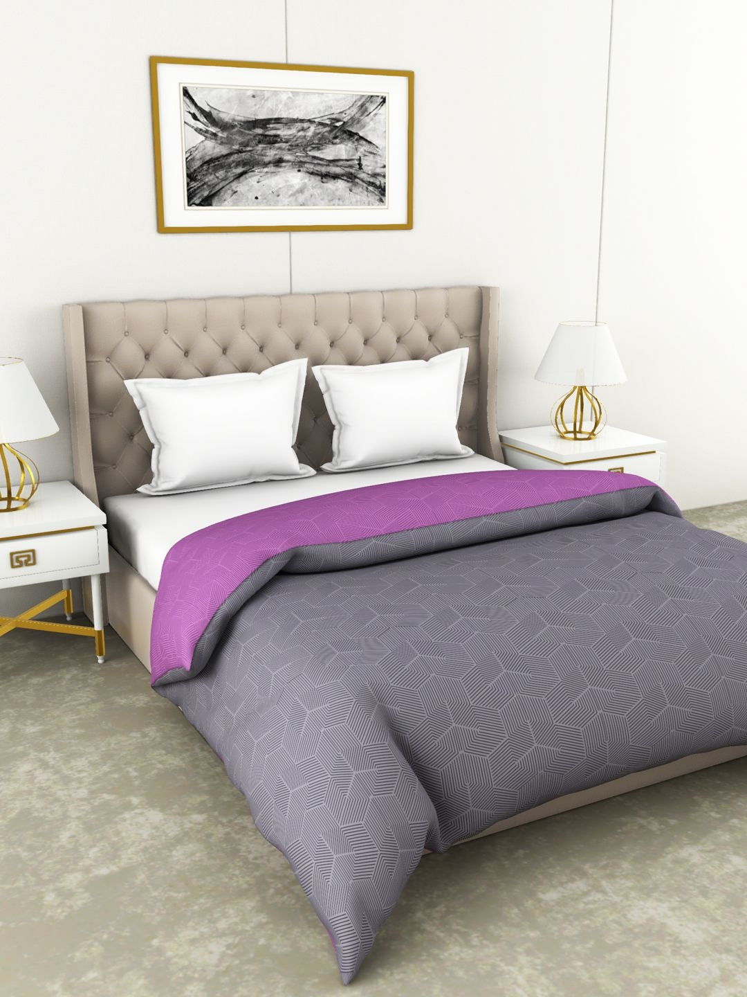 Botanical Cotton Double Comforter 229X254 Cm 210 Tc in Grey/Purple Colour