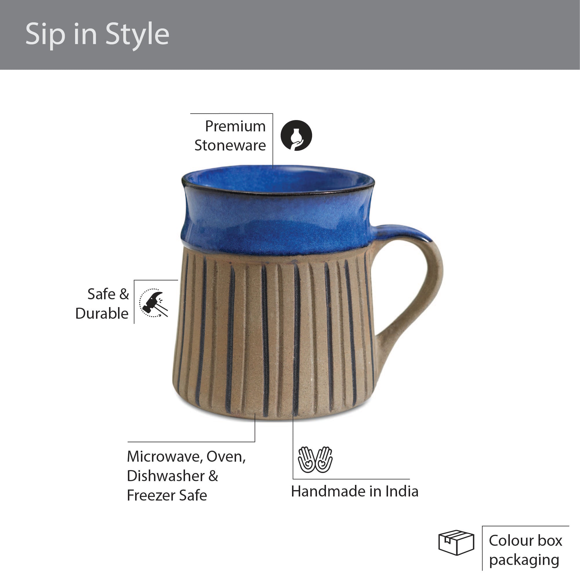 Fiesta Studio Pottery Unico Coffee Mug 300 ML Set of 4 in Cobalt & Brown Colour