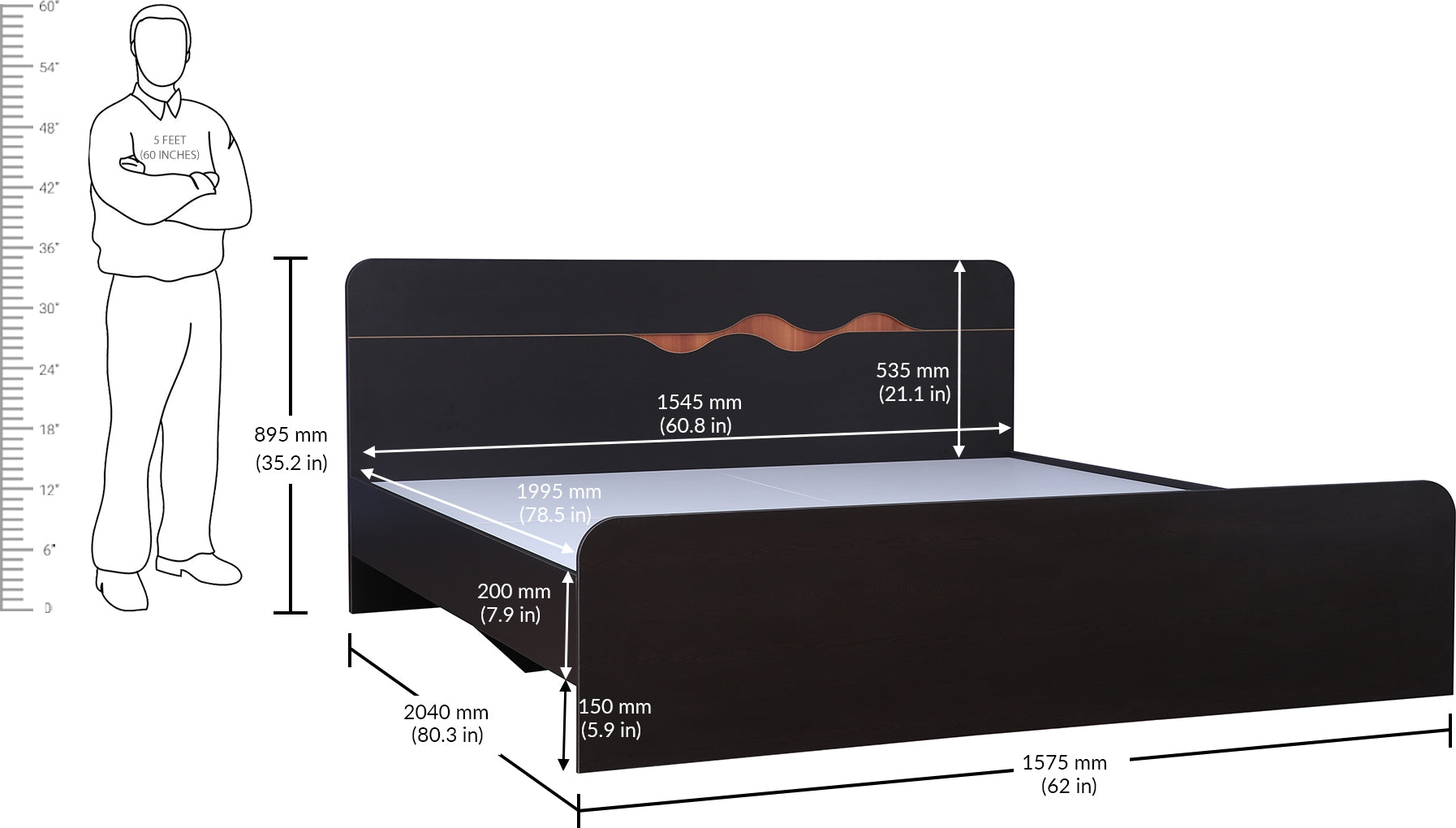 Swirl Queen bed without storage in Dark Oak Colour