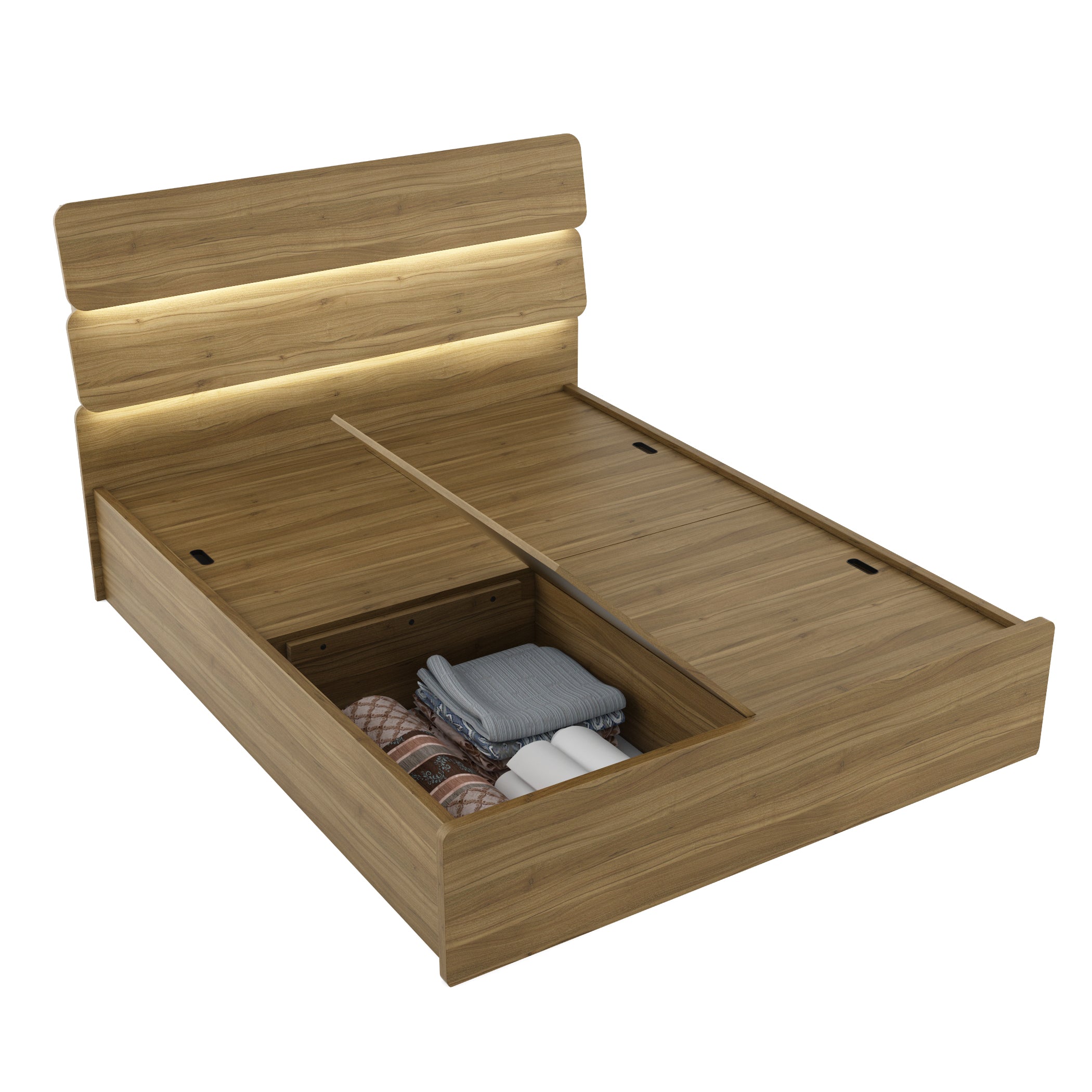 Freya  Queen Bed With Box Storage in Natural Teak Colour