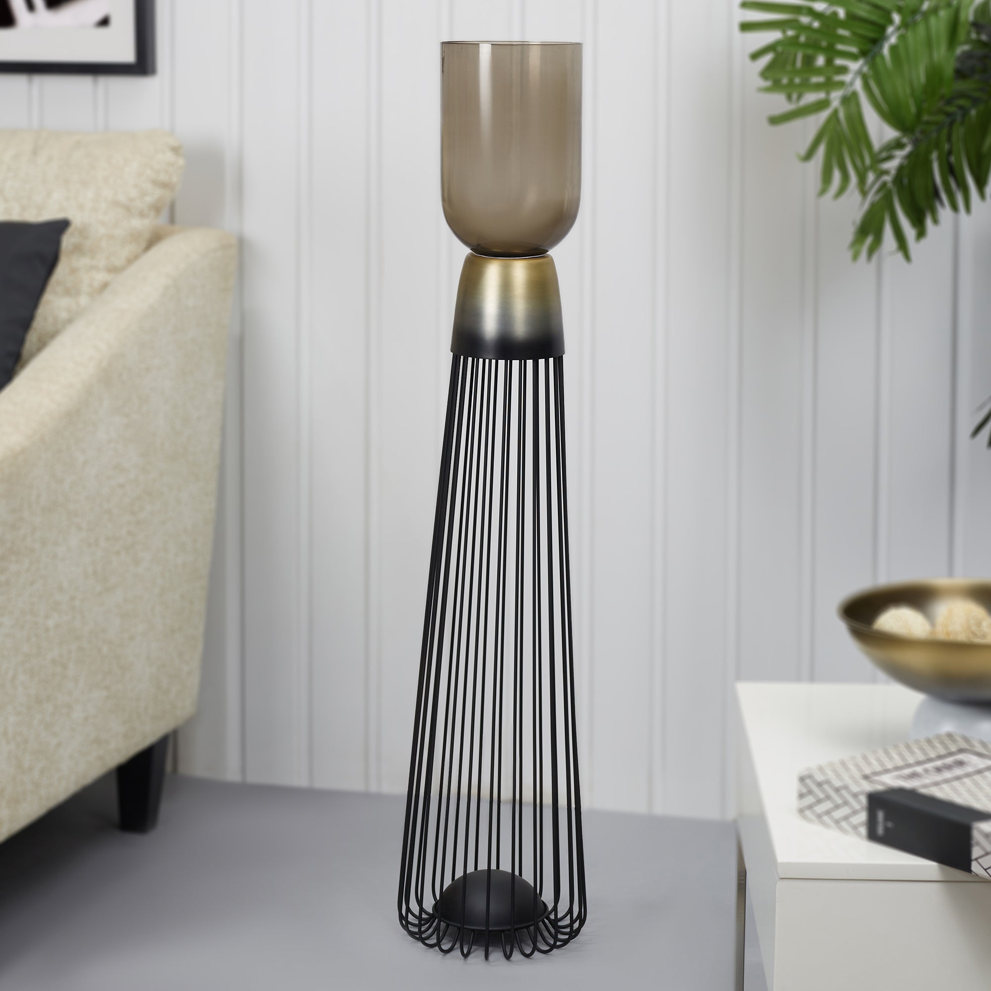 Zeus Iron and Glass Ombre Wired Candle Holder 20x105 Cm in Antique Gold & Black Colour