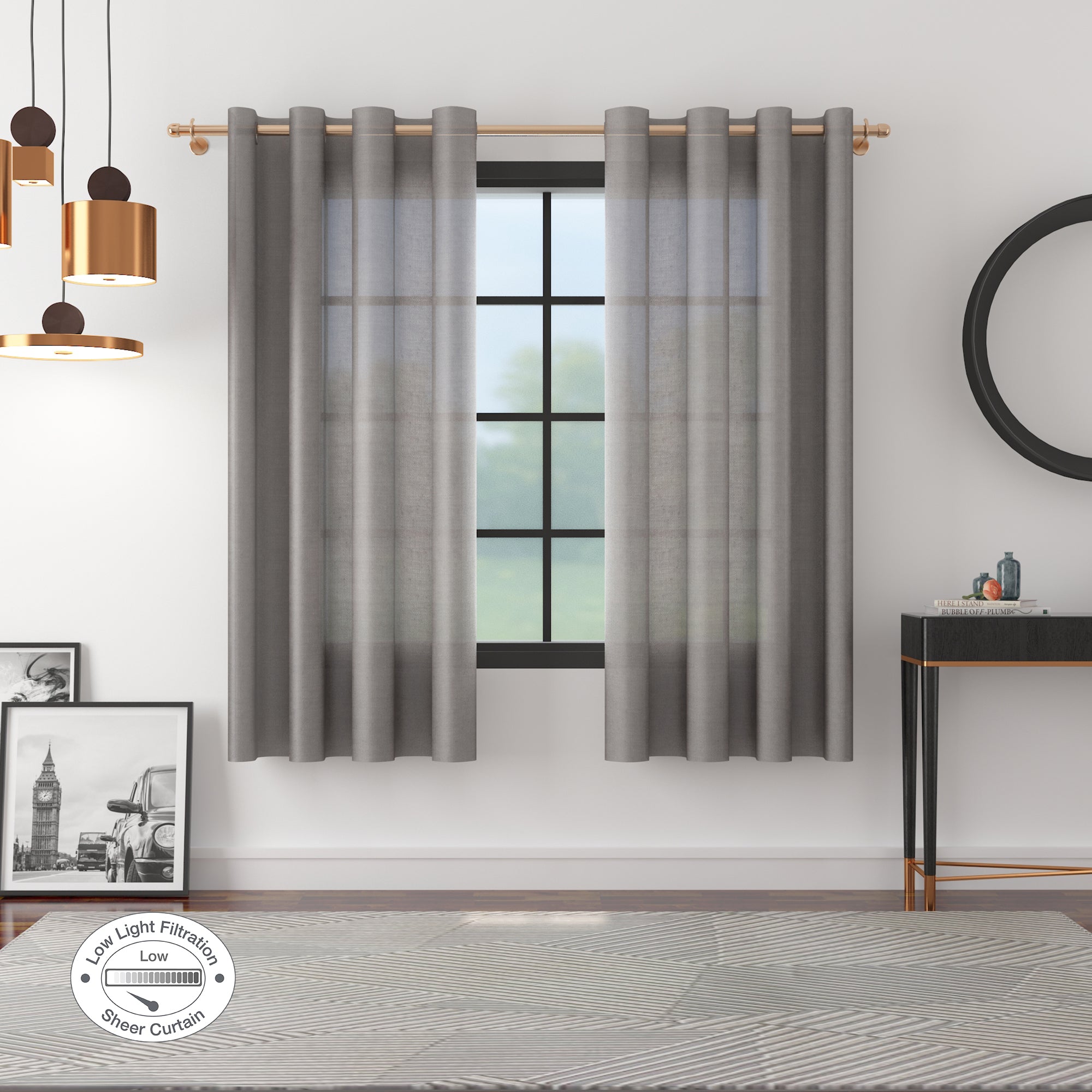 Fiesta  Set of 2 Solid Textured Sheer Window Curtains 5 Feet in Charcoal Colour