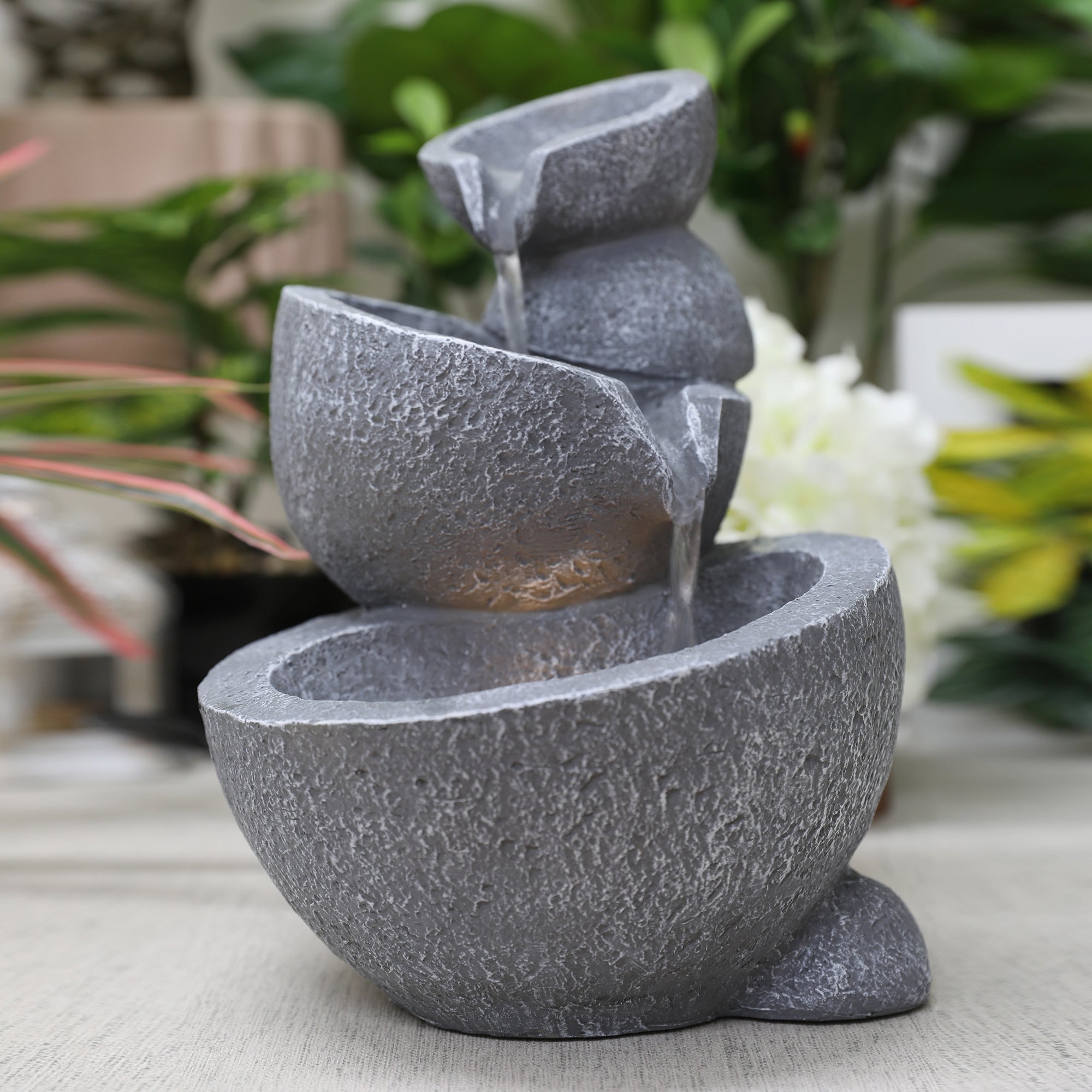 Impression Polyresin Trio Abstract Bowls Fountain 24X28Cm in Grey Colour