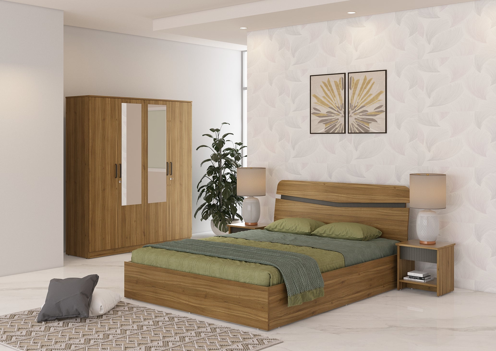 Paula Engineered Wood Queen Bed Box Storage with 4 Door Wardrobe & Night Stand Package