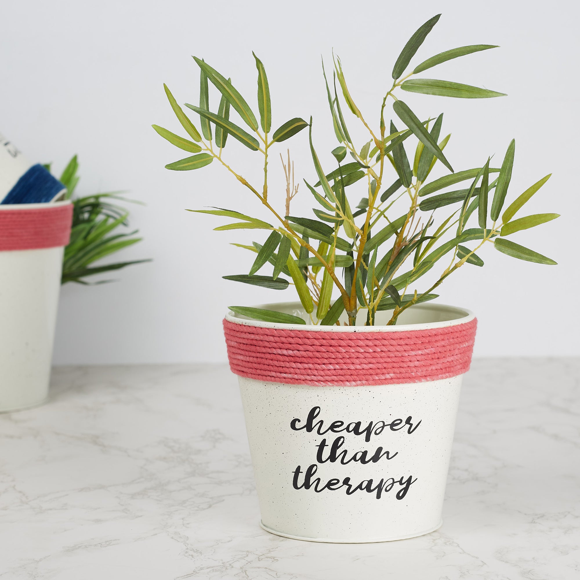 Pep Pop Metal Funky Quote Planter 14Cm in Off White & Fuchsia Colour