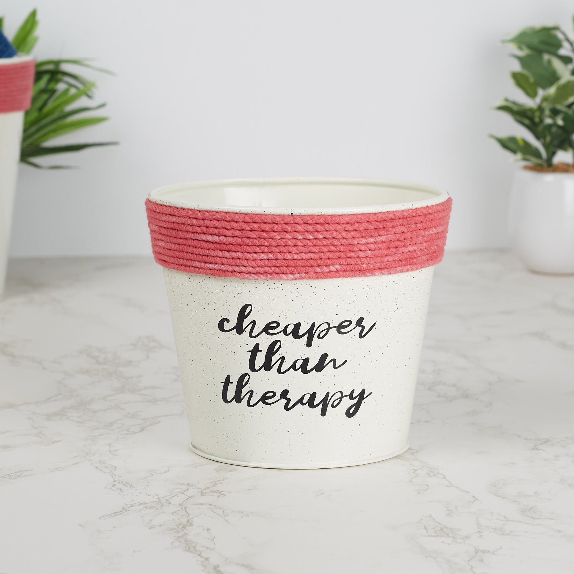 Pep Pop Metal Funky Quote Planter 14Cm in Off White & Fuchsia Colour