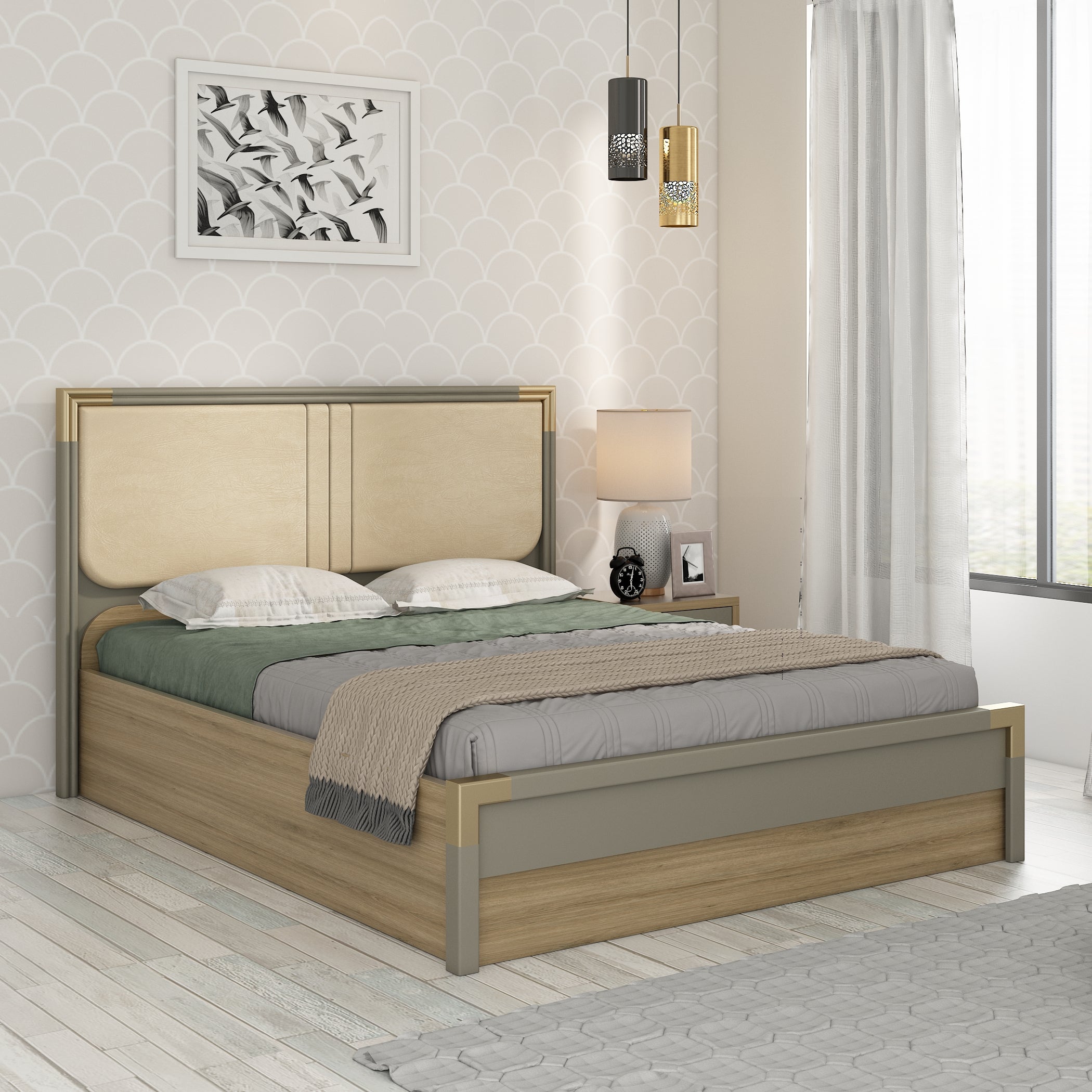 Asa Engineered Wood Queen Bed in Santana Oak Colour