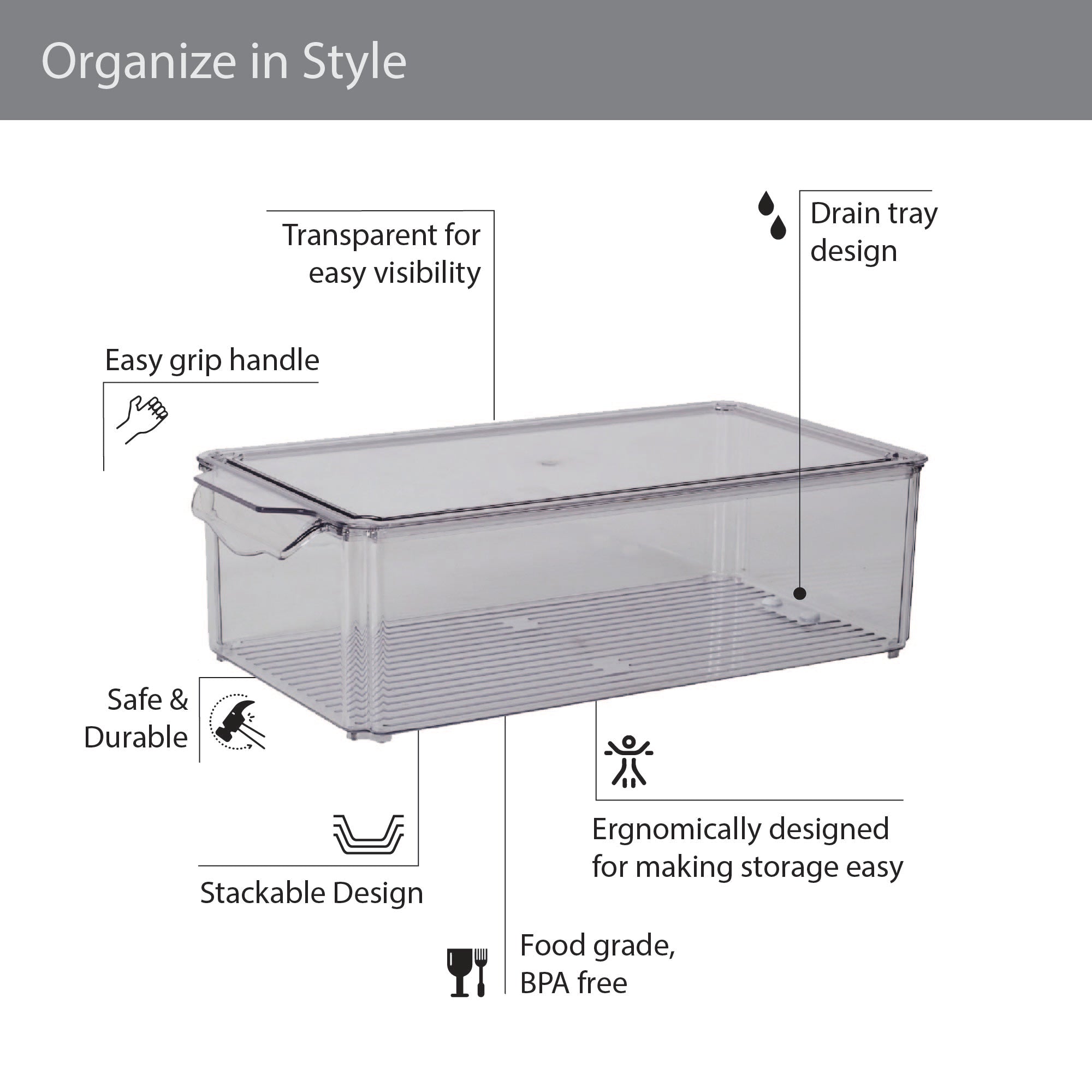 Robusto PET BPA Free Stackable Fridge Organizer with Lid & Drain - 8.4 Ltr in Transparent Colour