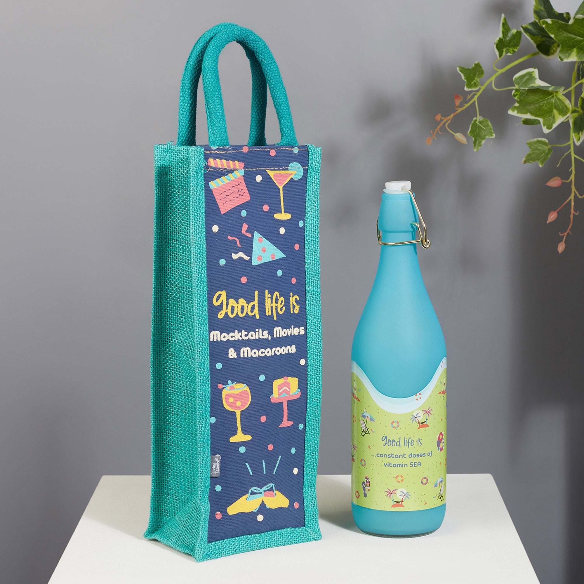 Good Life Jute Reversible Macaroon Printed Bottle Bag 12 x 35.5 Cm in Navy Colour