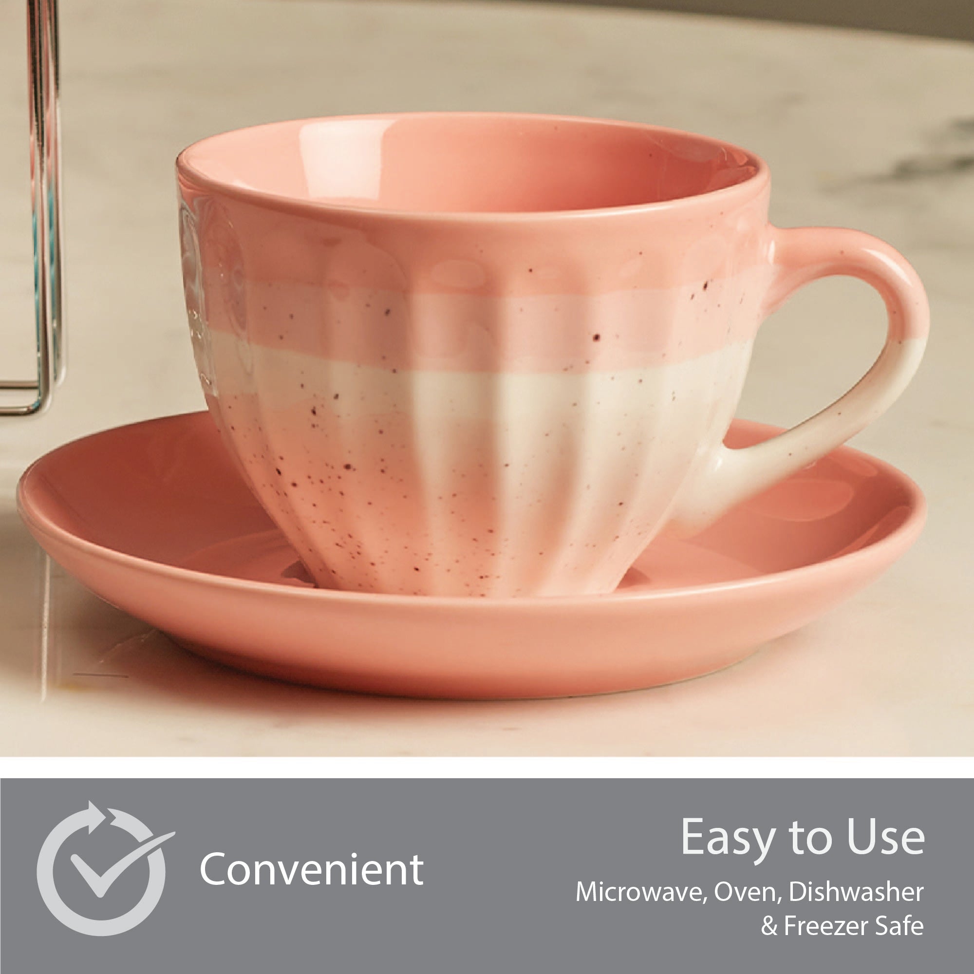 Emilia Ceramic Cup & Saucer Set Of 12 With Metal Stand in Blue & Pink Colour