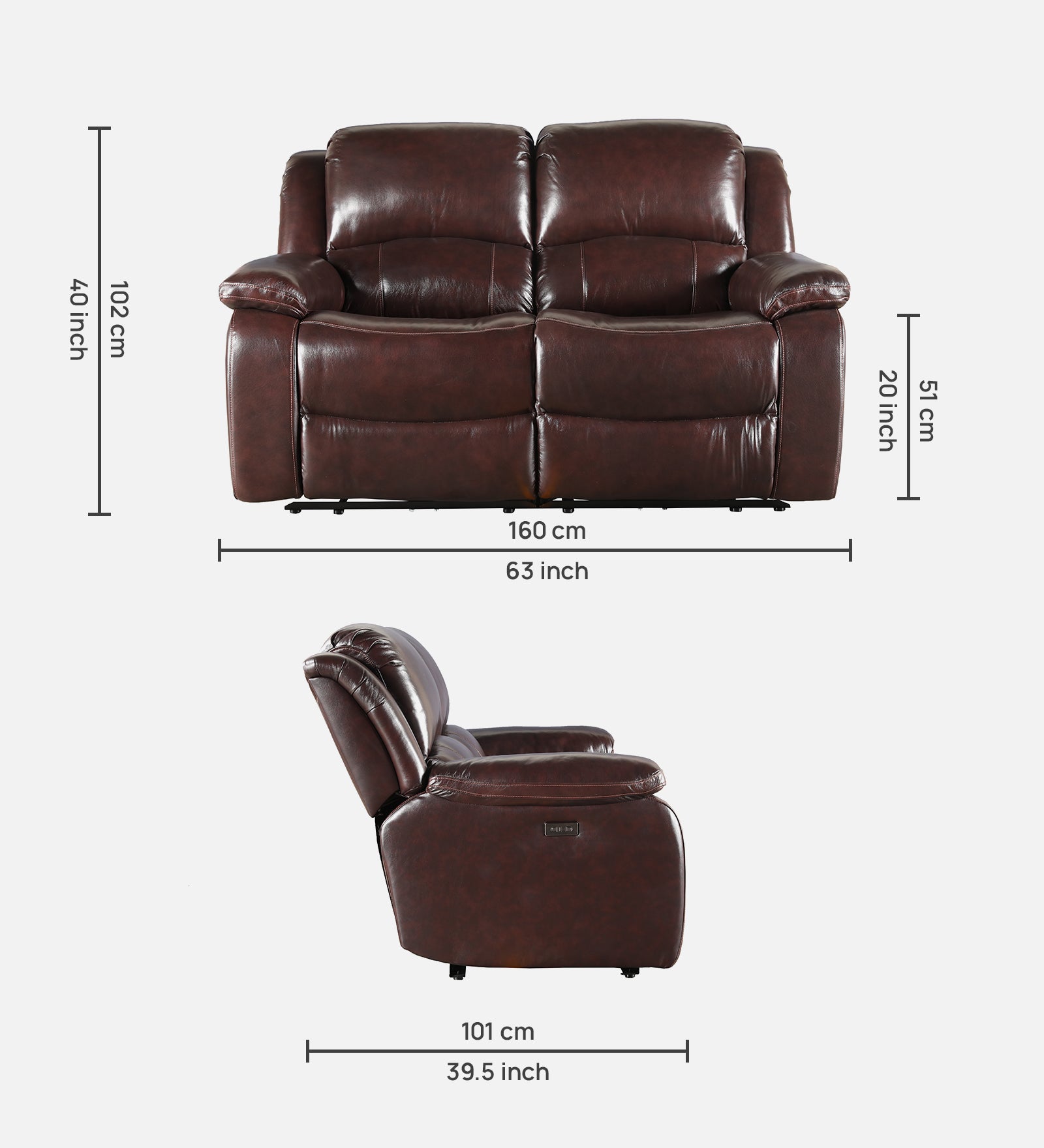 Rhine Half Leather Two Seater Electric Recliner in Brown Colour