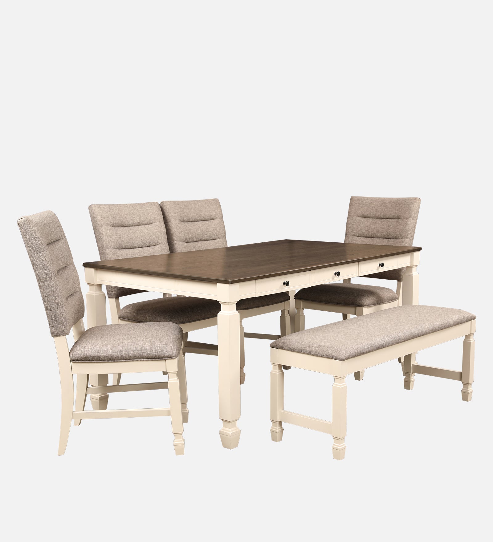 Wisp Rubber Wood Six Seater Dining Set With Bench in Antique White Colour