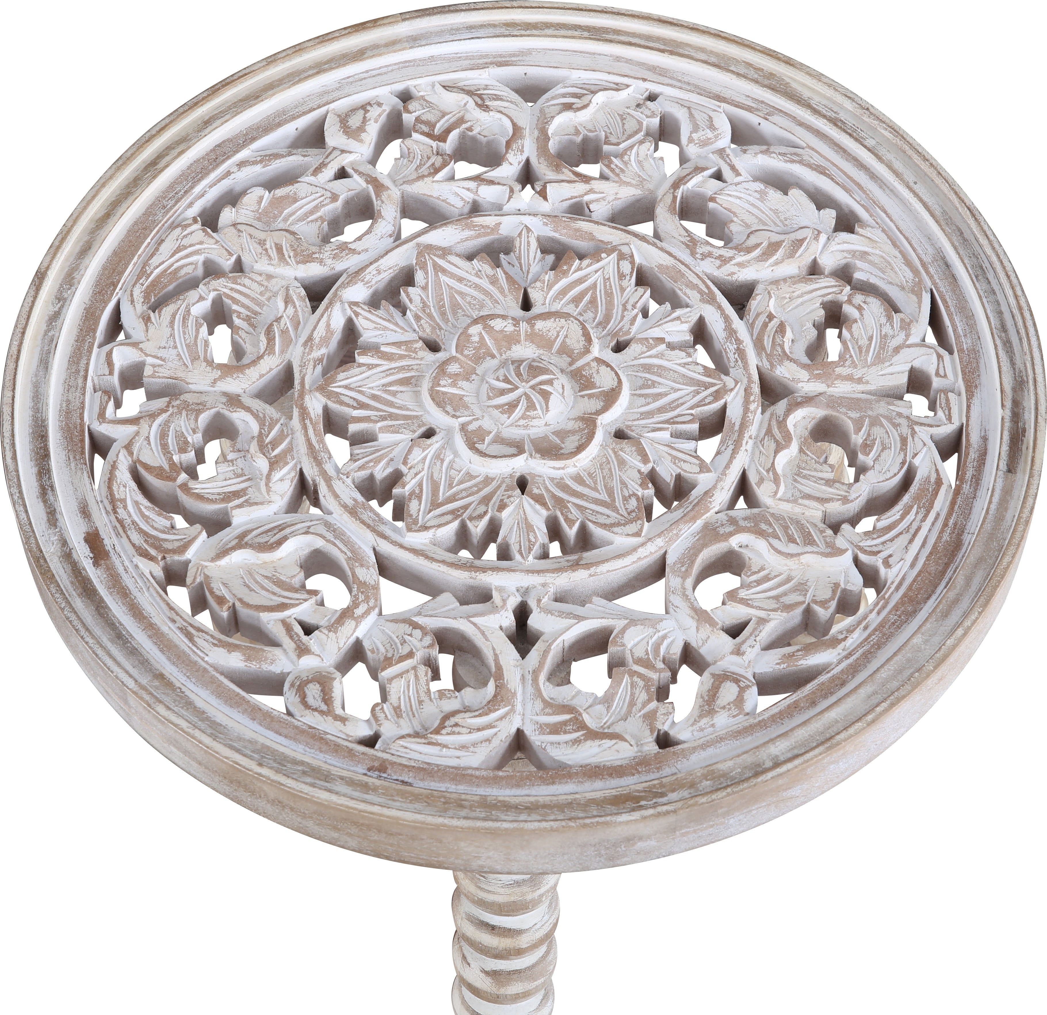 Antico Mango Wood Carved Stool in White Colour