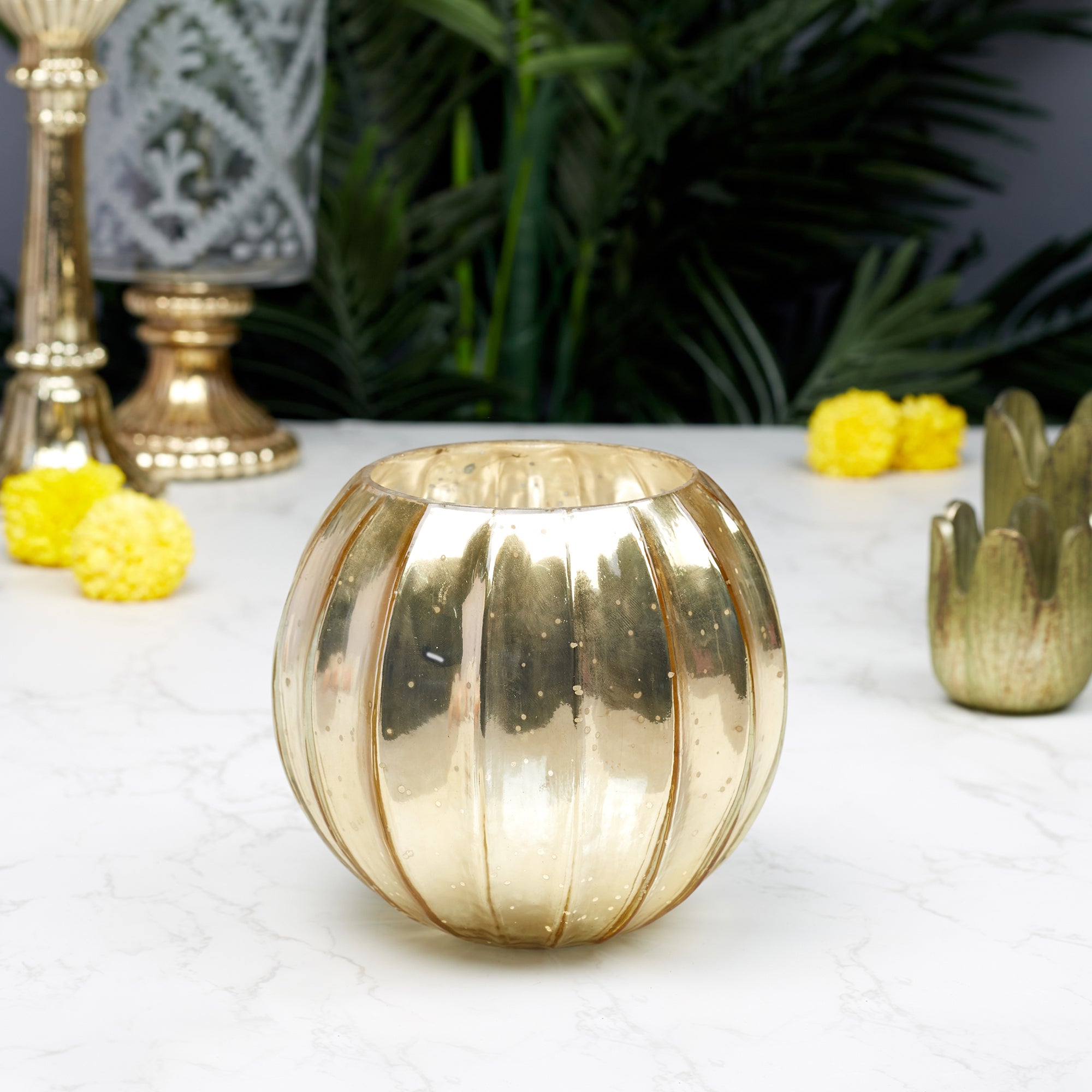 Phiona Glass Pumpkin Handcrafted Mercury Votive 14 Cm in Gold Colour