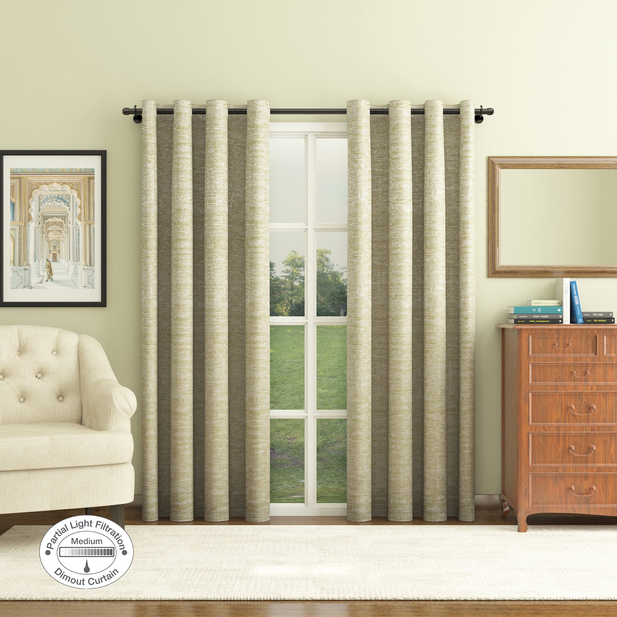 Amour Set of 2 Solid Jacquard Dim Out Curtains 7 Feet in Olive Colour