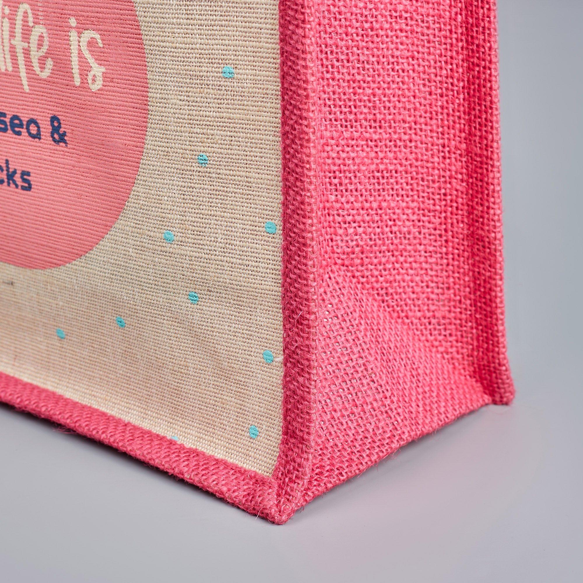Good Life Jute Reversible Salt, Sea & Snack Printed Lunch Bag 25.5 x 25.5 Cm in Pink Colour