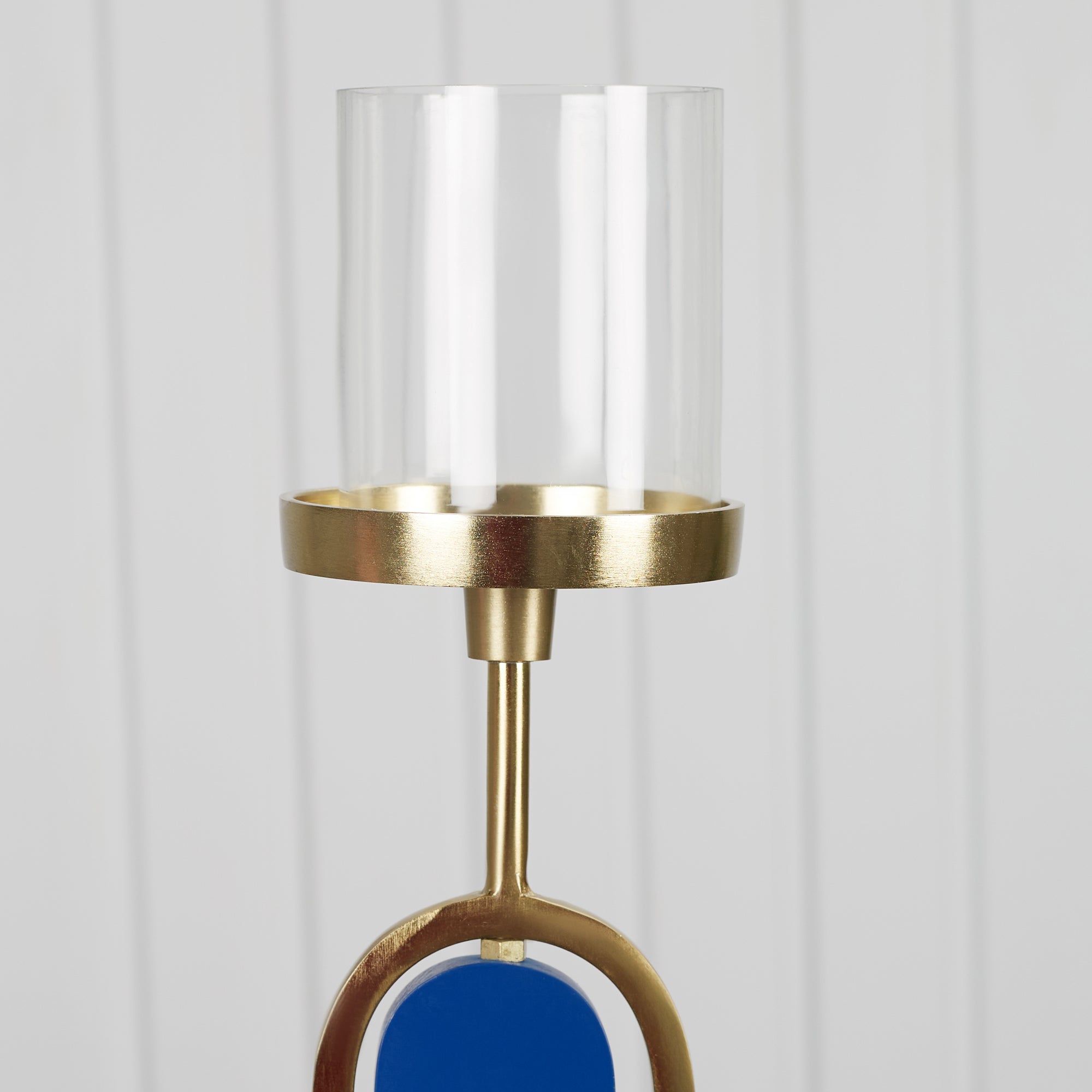 Athena Wood, Metal and Glass Oval Candle Holder 10x50 Cm in Navy Blue Colour