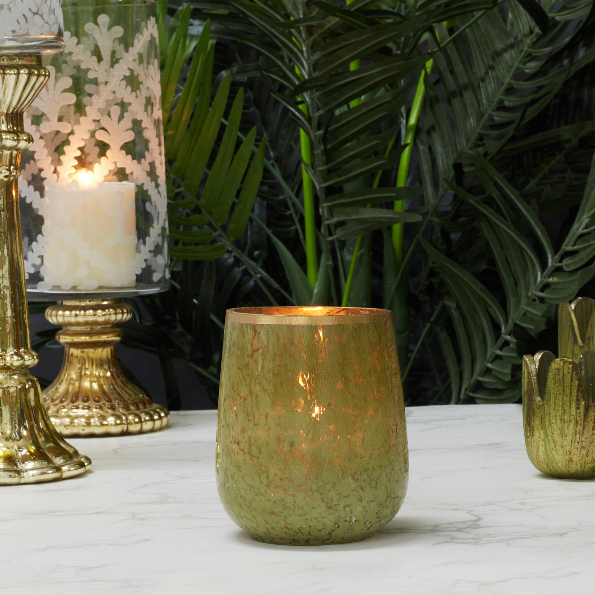 Phiona Glass Textured Handcrafted Votive 9 Cm in Olive Colour