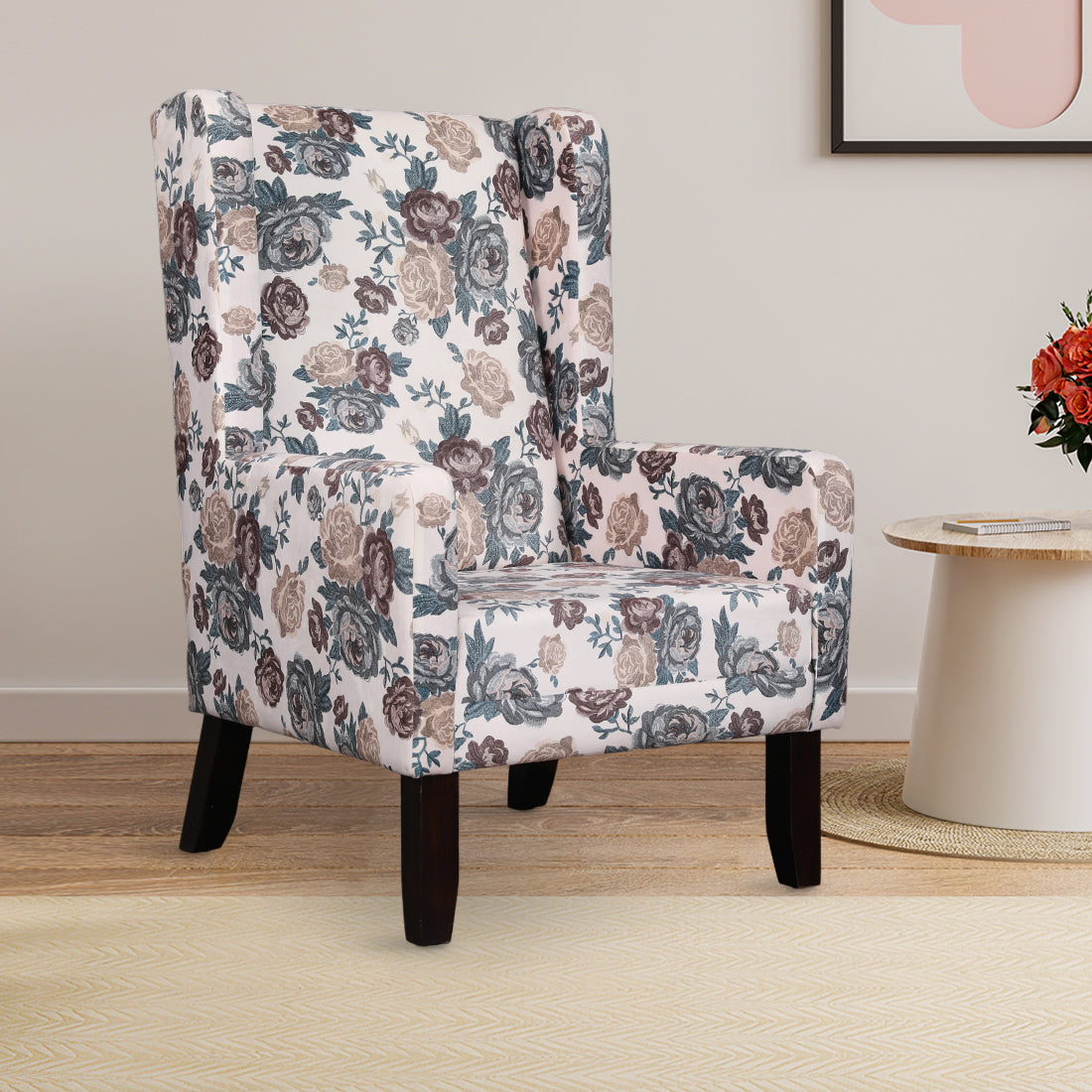 Daisy Fabric Wing Chair in White Colour