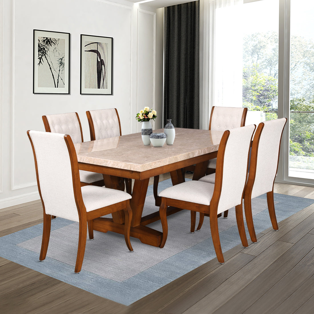 Florentine Marble Finish Six Seater Dining Set in Dark Walnut Colour