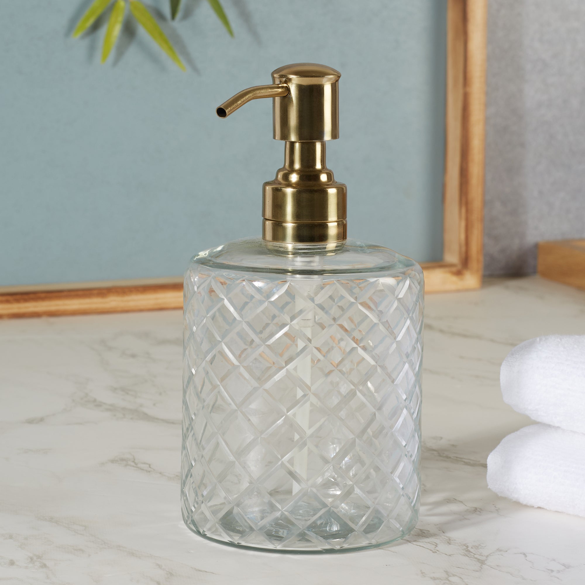 Nora Glass Cut Work Liquid Soap Dispenser in Transparent Colour