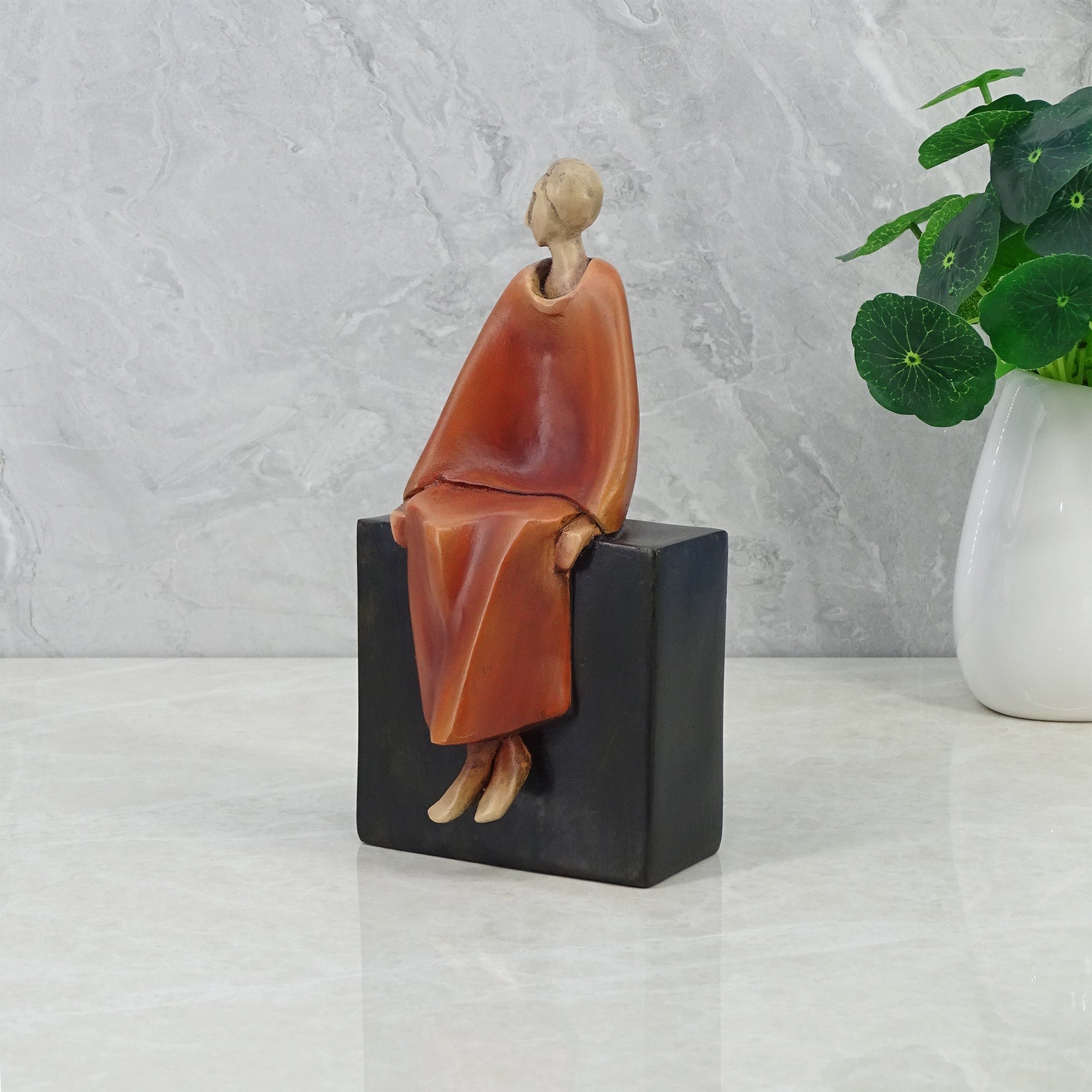 Alpine Polyresin Man Sitting On Bench 20 Cm in Brown Colour