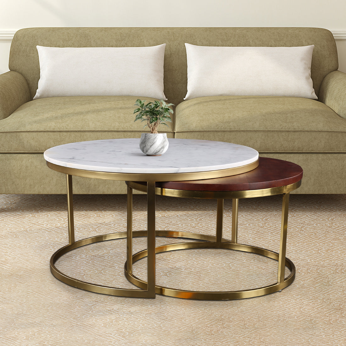 Castile Marble Center Table in White & Gold Colour