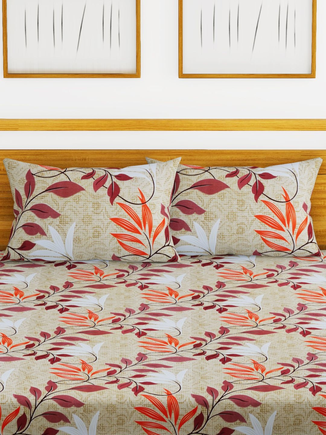 Essenza Cotton King Bed Sheet 220X254 CM in Light Olive & Orange Colour