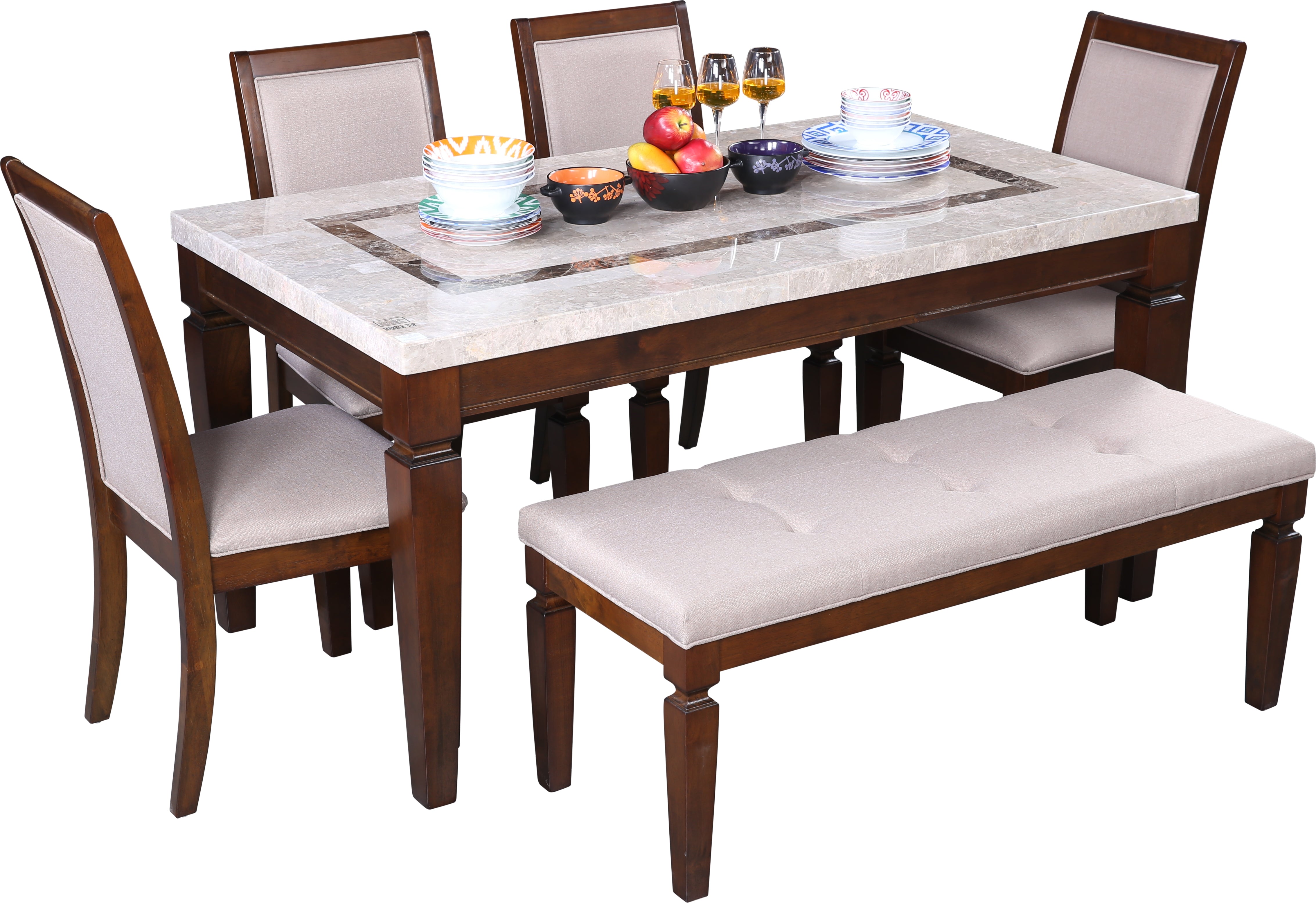 Bliss Marble Top 6 Seater Set with Bench with Inlay in Beige Colour