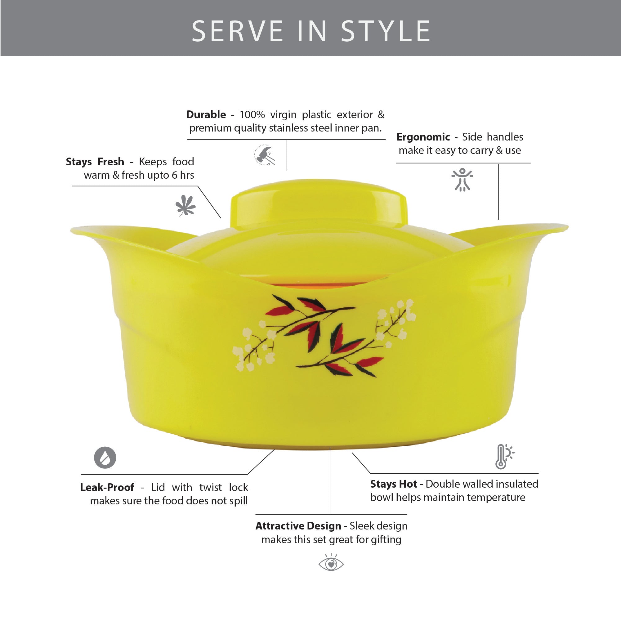 Fiesta Plastic and Stainless Steel Duo Double-Wall Insulated Casserole Set Of 2 in Yellow Colour